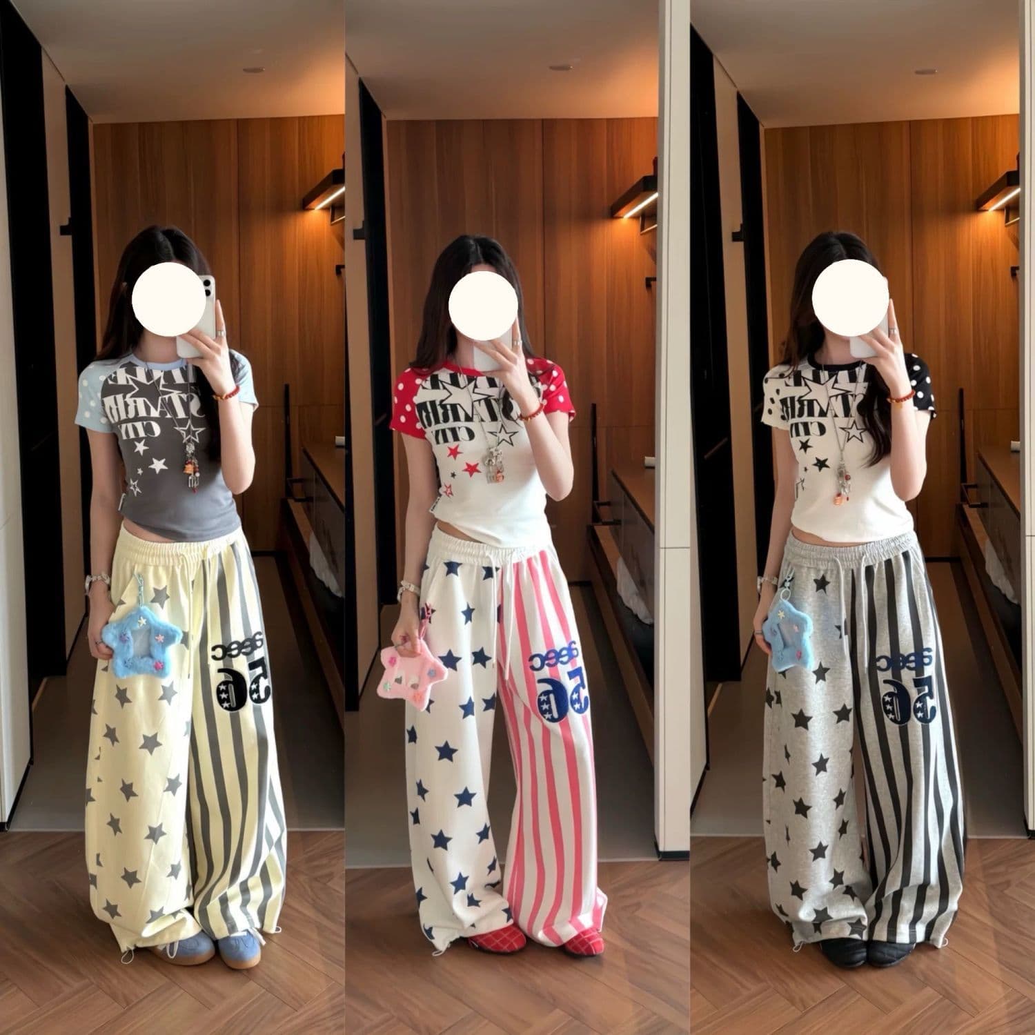 고품질 목화 ins 아메리칸 레트로 봄 여름 새로운 전체 인쇄 별 루즈핏 넓은 다리 다용도 운동 캐주얼 바지 이미지 5