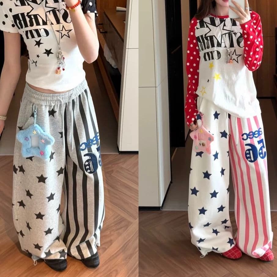 고품질 목화 ins 아메리칸 레트로 봄 여름 새로운 전체 인쇄 별 루즈핏 넓은 다리 다용도 운동 캐주얼 바지 상세 이미지 4