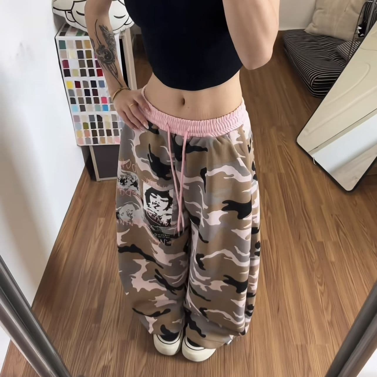 후아 면 복합 카모플라주 배색 모통이 칼 넓은 다리 웨이 바지 루즈핏 펌프 로프 캐주얼 바닥 청소 바지