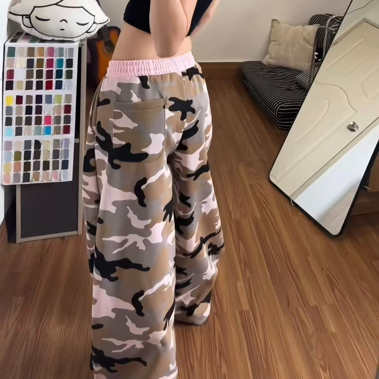 후아 면 복합 카모플라주 배색 모통이 칼 넓은 다리 웨이 바지 루즈핏 펌프 로프 캐주얼 바닥 청소 바지 이미지 2