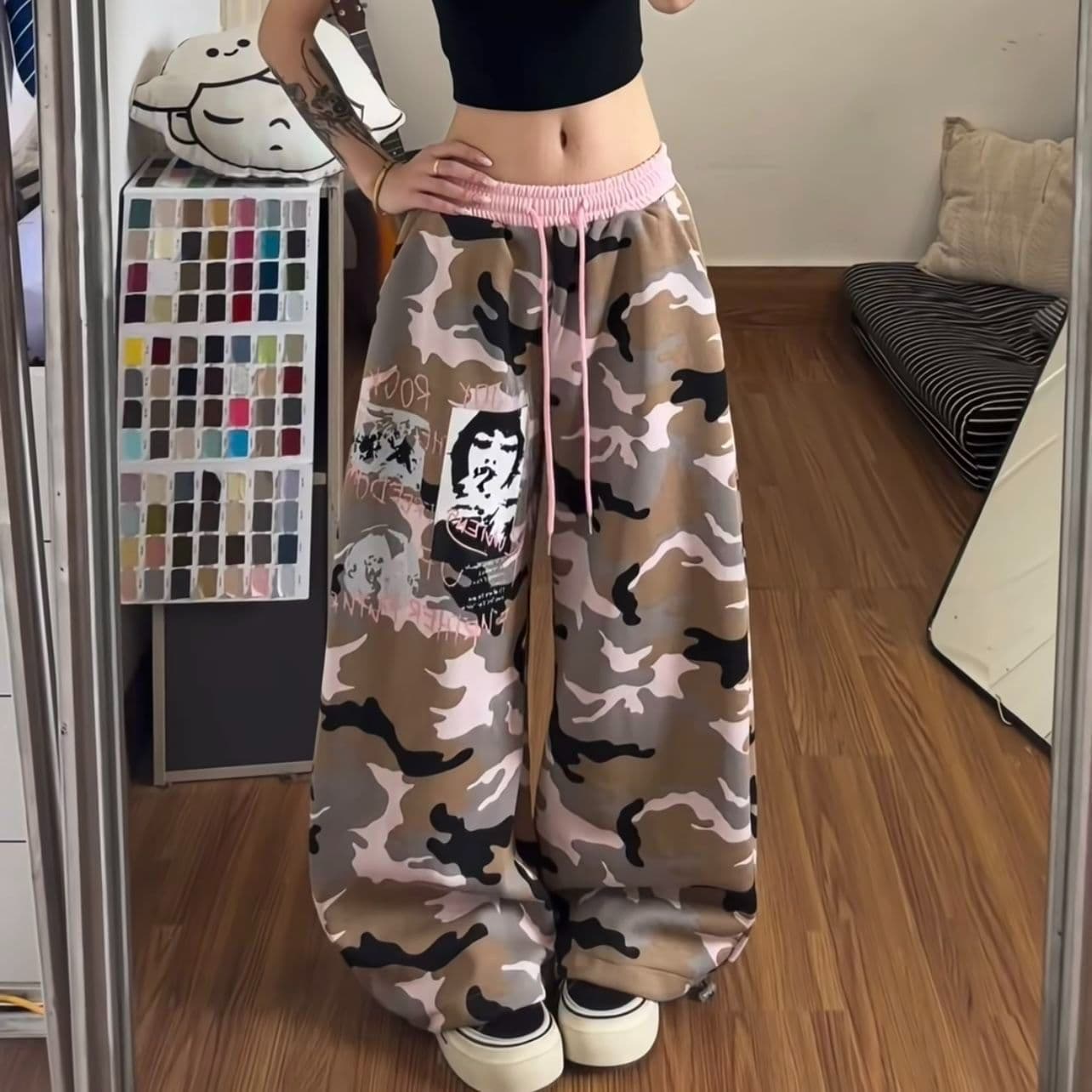 후아 면 복합 카모플라주 배색 모통이 칼 넓은 다리 웨이 바지 루즈핏 펌프 로프 캐주얼 바닥 청소 바지 상세 이미지 7
