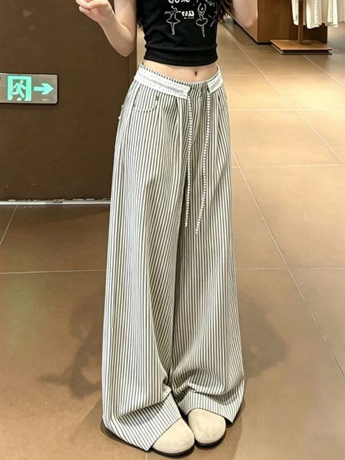 흑백 줄무늬 바지 아이들 여름 2026 새로운 도루 가을 센스 오래된 돈 바람 바지 작은 키 느긋한 바람 와이드 레그 팬츠 이미지 2