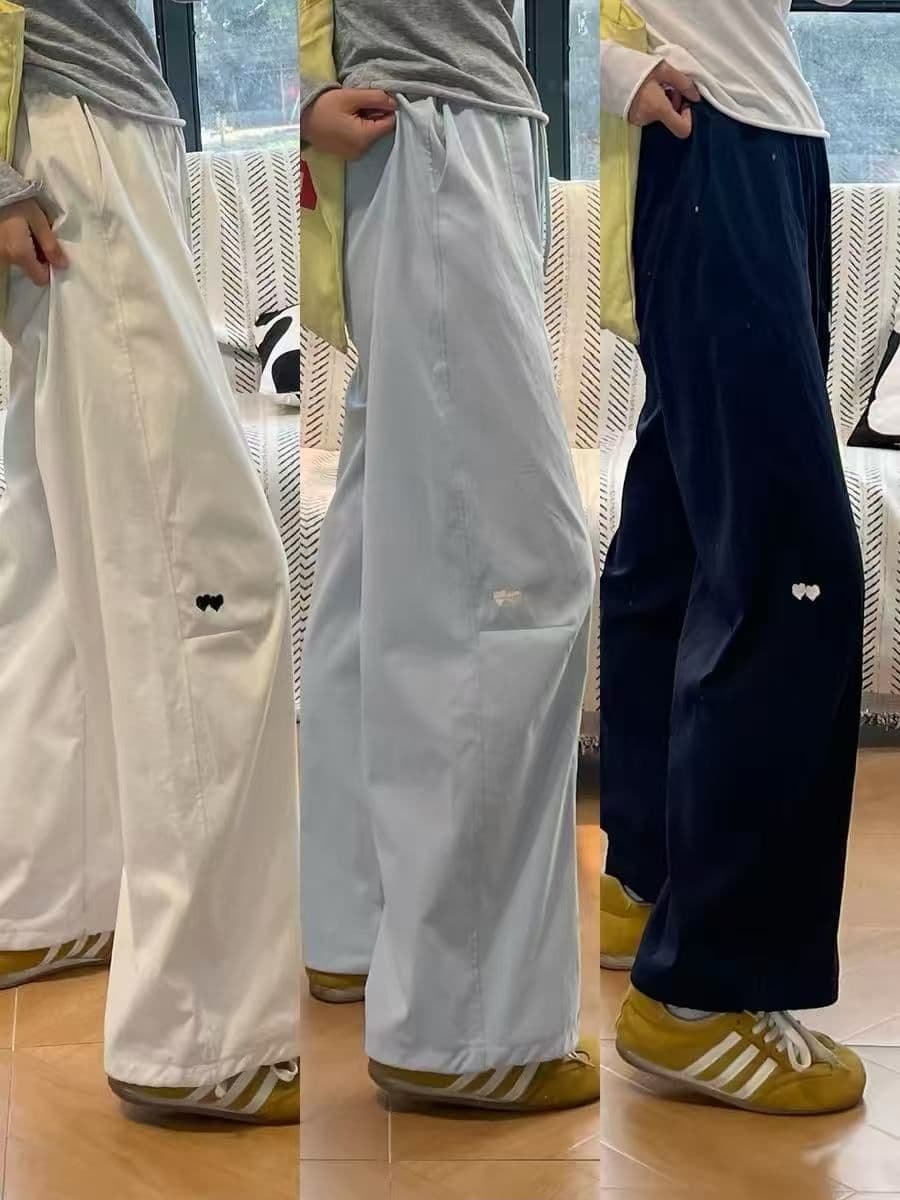 3 차원 허리 화이트 자수 넓은 다리 속도 건조한 워크웨어 팬츠 여성 여름 스트레이트 루즈핏 작은 키 캐주얼 운동 바지