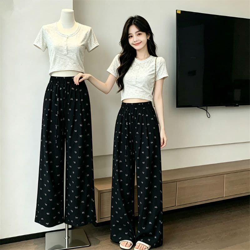 나비 매듭 도트 무늬 우유 화이트 캐주얼 바지 아이들 빅 사이즈 여름 루즈핏 스트레이트 굴곡 와이드 레그 팬츠 어린이
