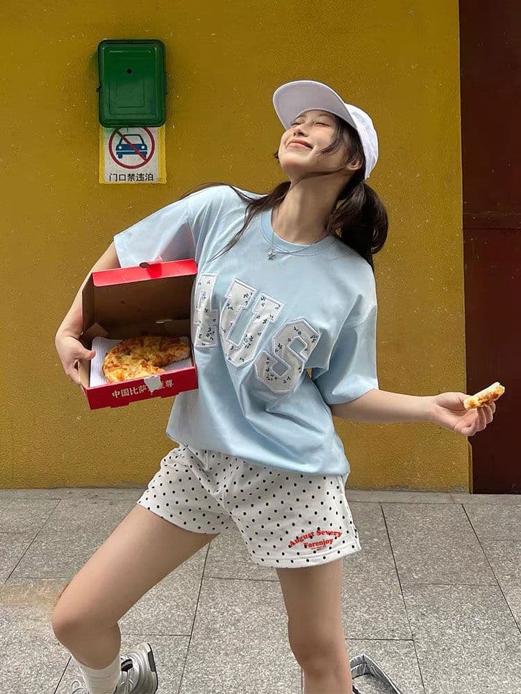 2026 여름 얇은 스타일 아메리칸 레트로 캠퍼스 바람 슬로건 도트 무늬 여성 ins 트렌디 몸매 가꾸기 캐주얼 반바지 이미지 2