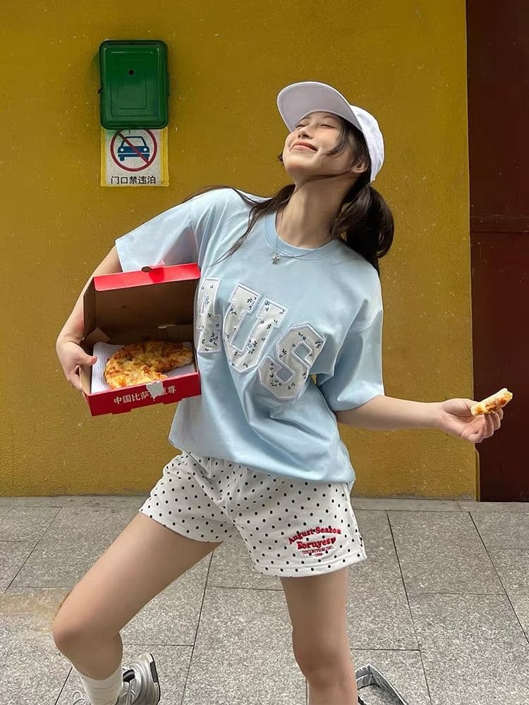 2026 여름 얇은 스타일 아메리칸 레트로 캠퍼스 바람 슬로건 도트 무늬 여성 ins 트렌디 몸매 가꾸기 캐주얼 반바지 상세 이미지 5
