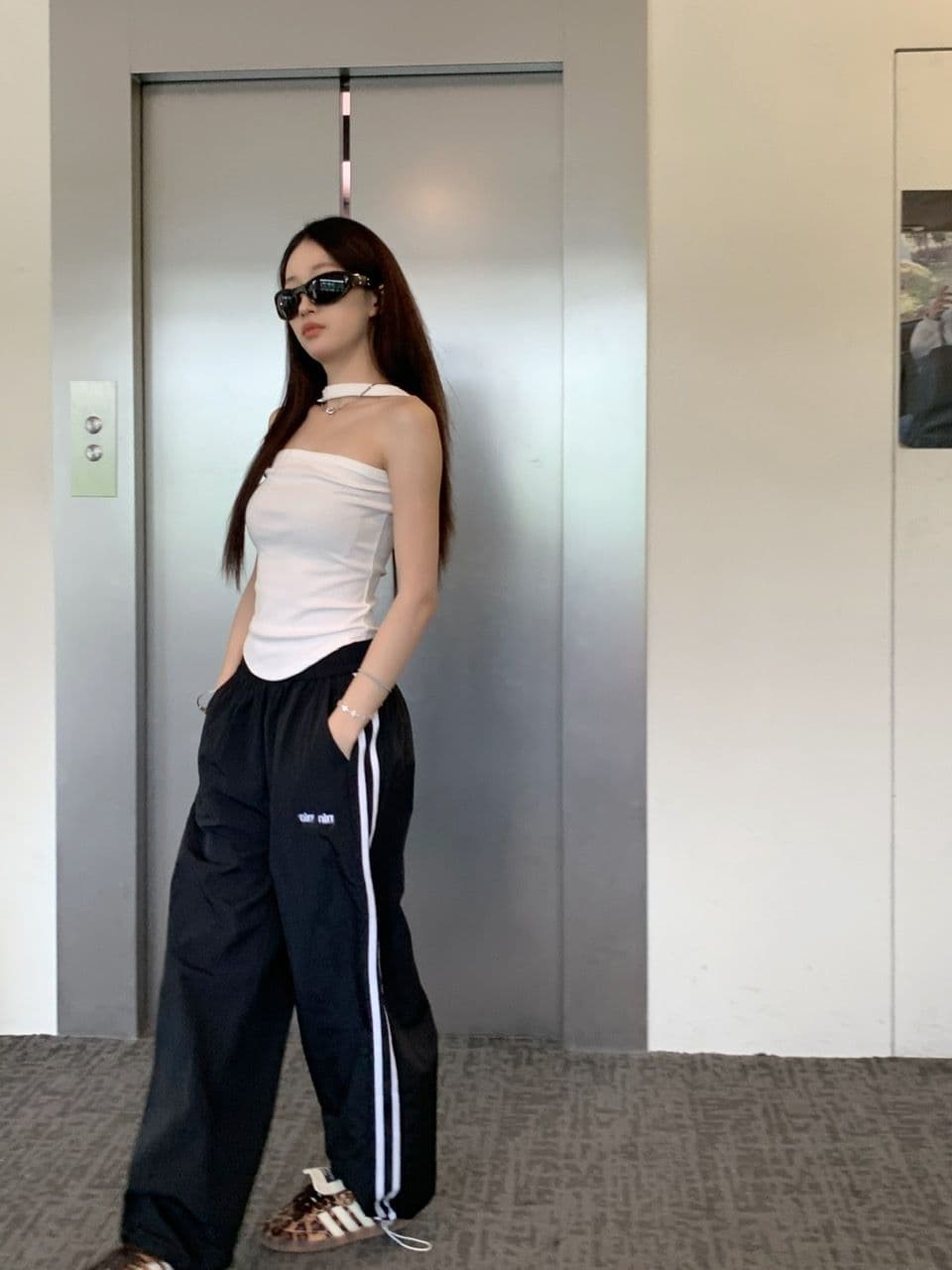 알파벳 있음 변경 속도 건조한 워크웨어 팬츠 여성 도파민 루즈핏 캐주얼 스트라이프 얇은 스타일 운동 와이드 레그 팬츠 상세 이미지 34