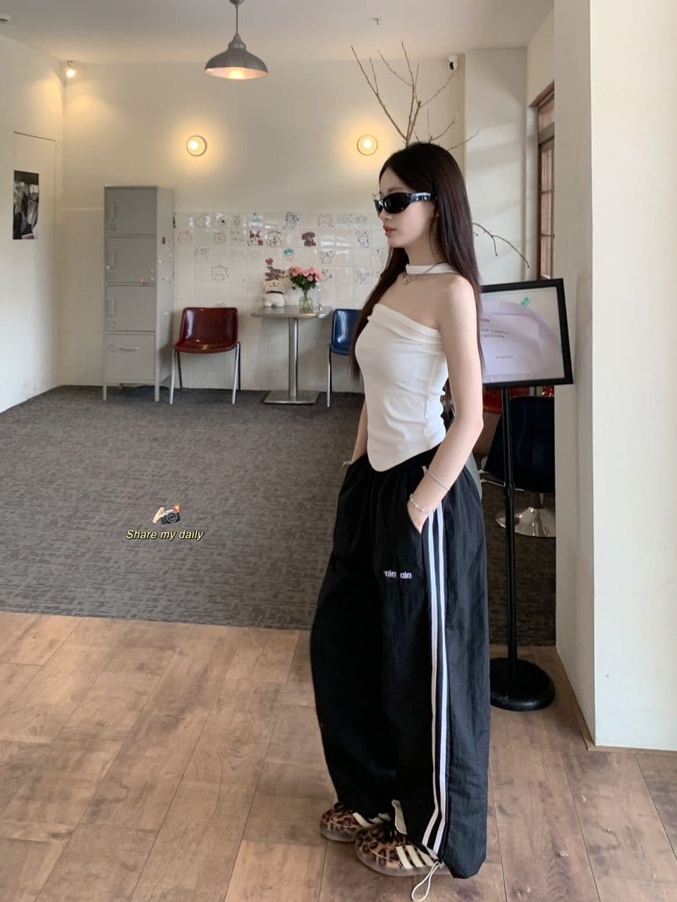 알파벳 있음 변경 속도 건조한 워크웨어 팬츠 여성 도파민 루즈핏 캐주얼 스트라이프 얇은 스타일 운동 와이드 레그 팬츠 상세 이미지 36
