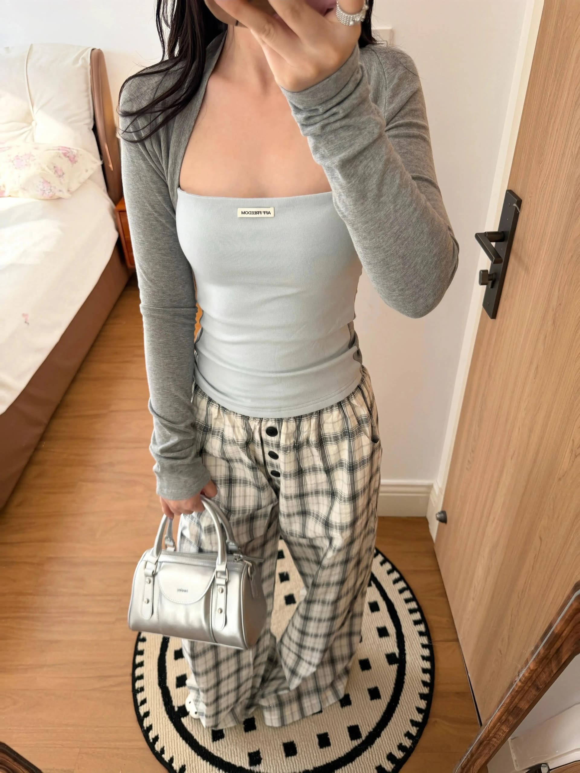 아메리칸 넓은 다리 캐주얼 바지 여성 여름 체크무늬 정면 단추 느슨함 센스 느긋한 바람 루즈핏 도루 센스 바닥 청소 긴 바지 상세 이미지 5
