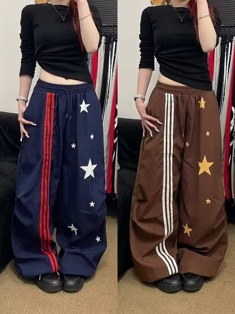 2026 봄 여름 아메리칸 핫걸 거리 웃음 하 바람 별 스트라이프 넓은 다리 속도 건조한 바지 루즈핏 도루 가을 센스 캐주얼 바지 상세 이미지 2