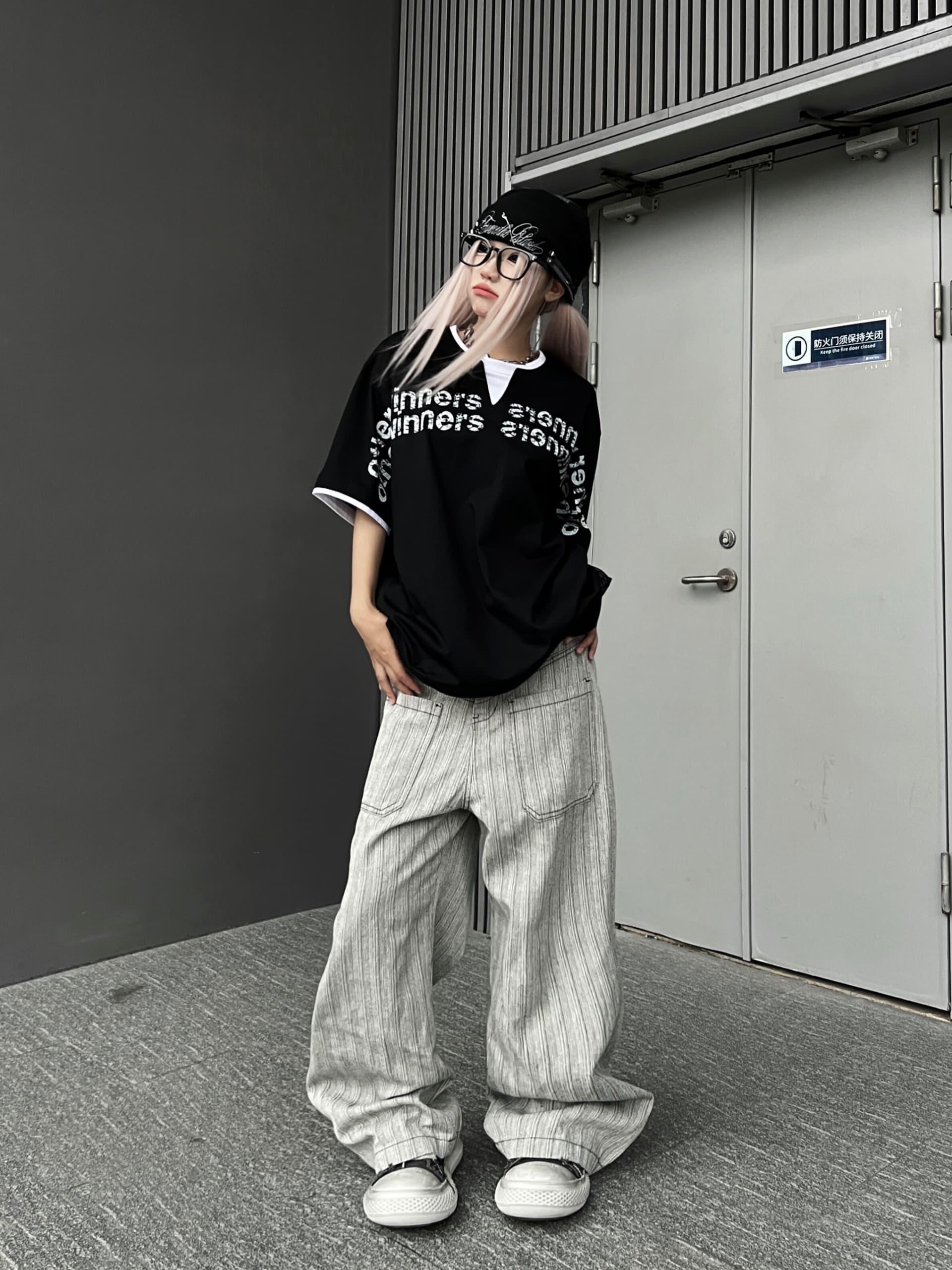 원본 스트라이프 원단 회색 스트라이프 알파벳 프린트 루즈핏 넓은 다리 캐주얼 바지 긴 바지 다용도 여성 이미지 2