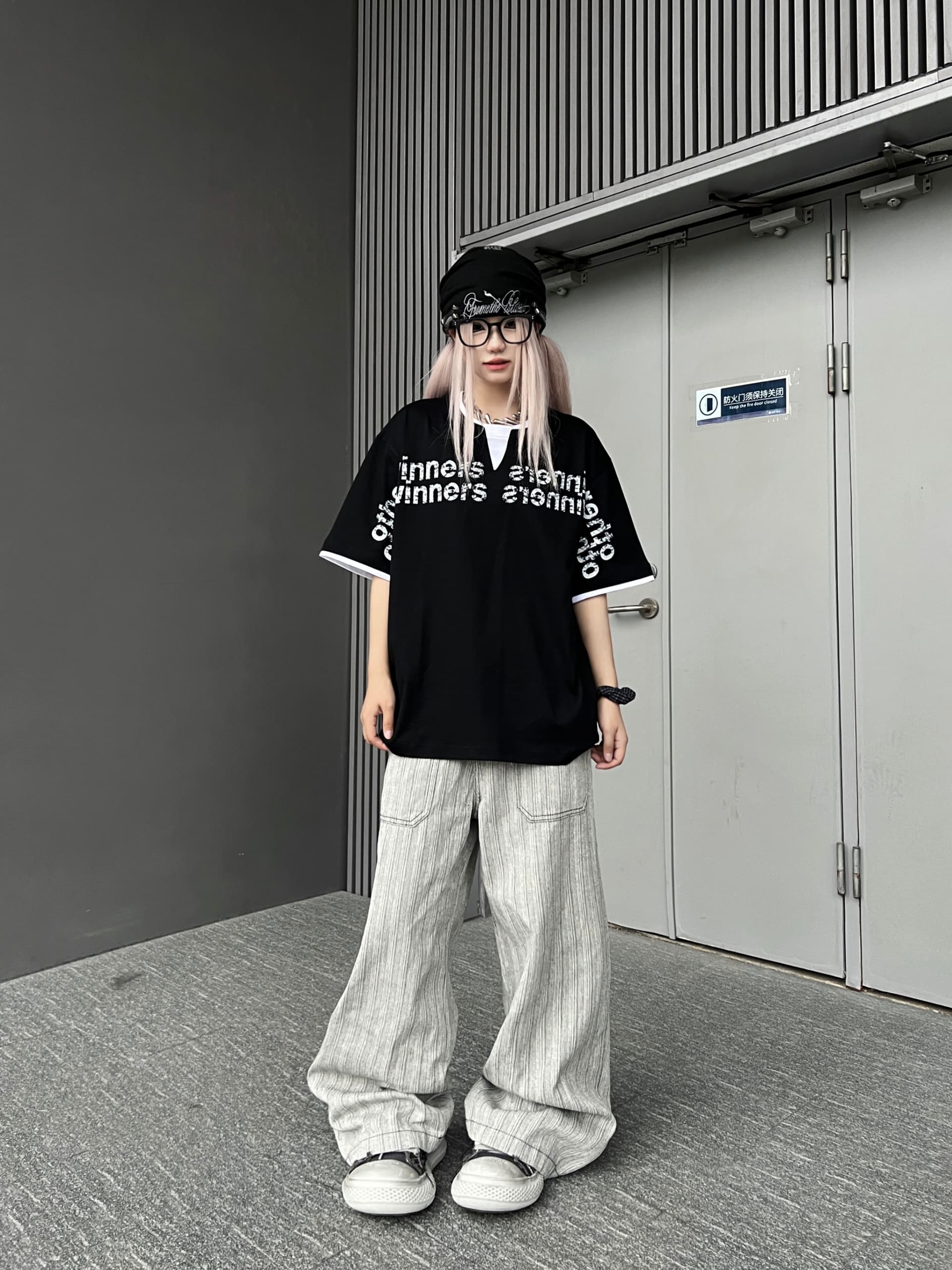 원본 스트라이프 원단 회색 스트라이프 알파벳 프린트 루즈핏 넓은 다리 캐주얼 바지 긴 바지 다용도 여성 이미지 4