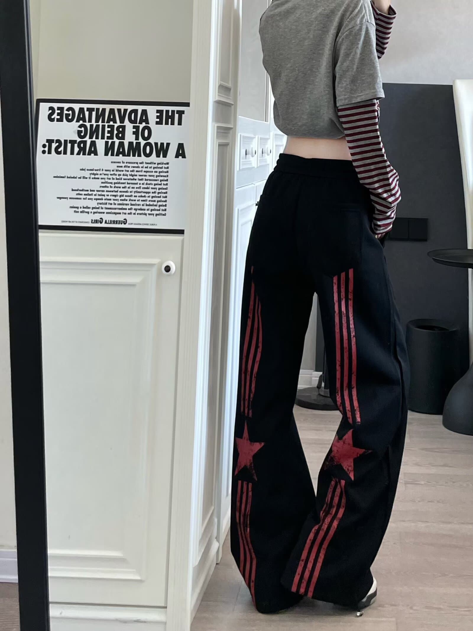 아메리칸 거리 별 알파벳 프린트 펌프 로프 넓은 다리 모통이 칼 캐주얼 웨이 바지 여성 루즈핏 춤추기 운동 긴 바지 이미지 3