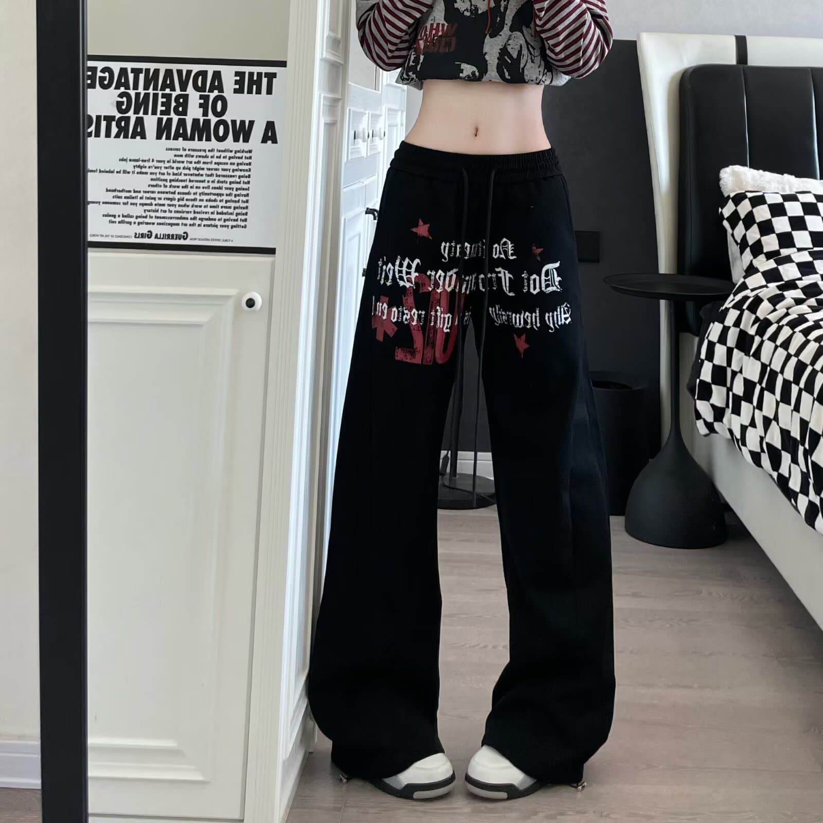 아메리칸 거리 별 알파벳 프린트 펌프 로프 넓은 다리 모통이 칼 캐주얼 웨이 바지 여성 루즈핏 춤추기 운동 긴 바지