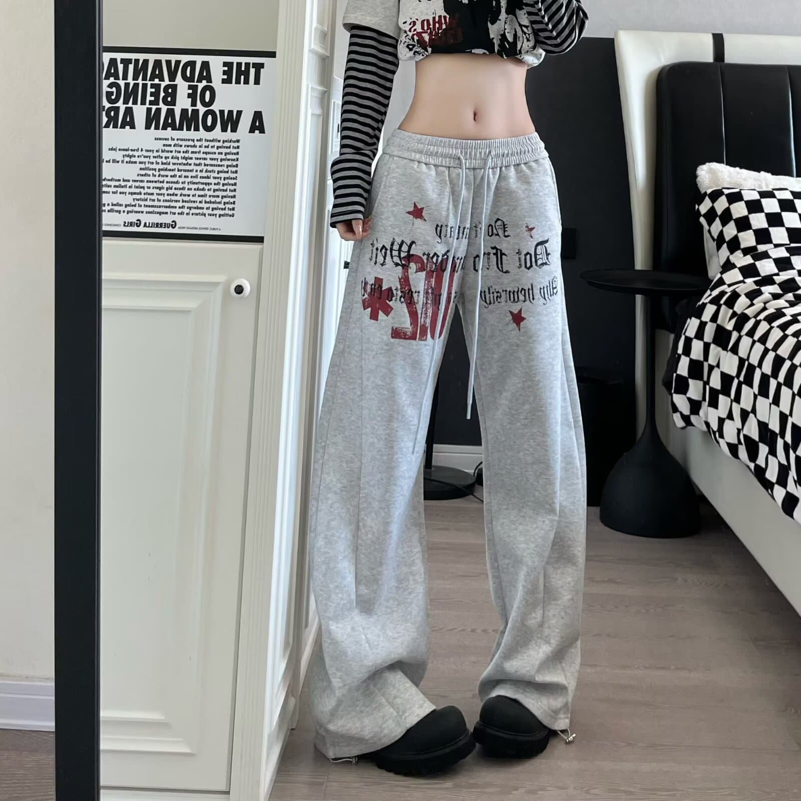 아메리칸 거리 별 알파벳 프린트 펌프 로프 넓은 다리 모통이 칼 캐주얼 웨이 바지 여성 루즈핏 춤추기 운동 긴 바지 이미지 2