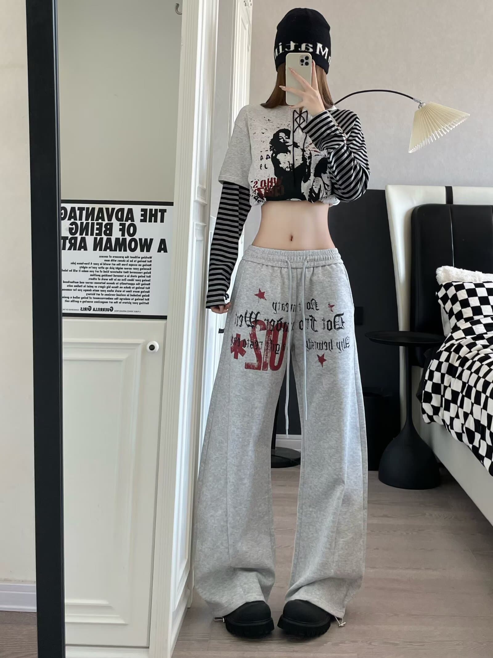 아메리칸 거리 별 알파벳 프린트 펌프 로프 넓은 다리 모통이 칼 캐주얼 웨이 바지 여성 루즈핏 춤추기 운동 긴 바지 상세 이미지 9