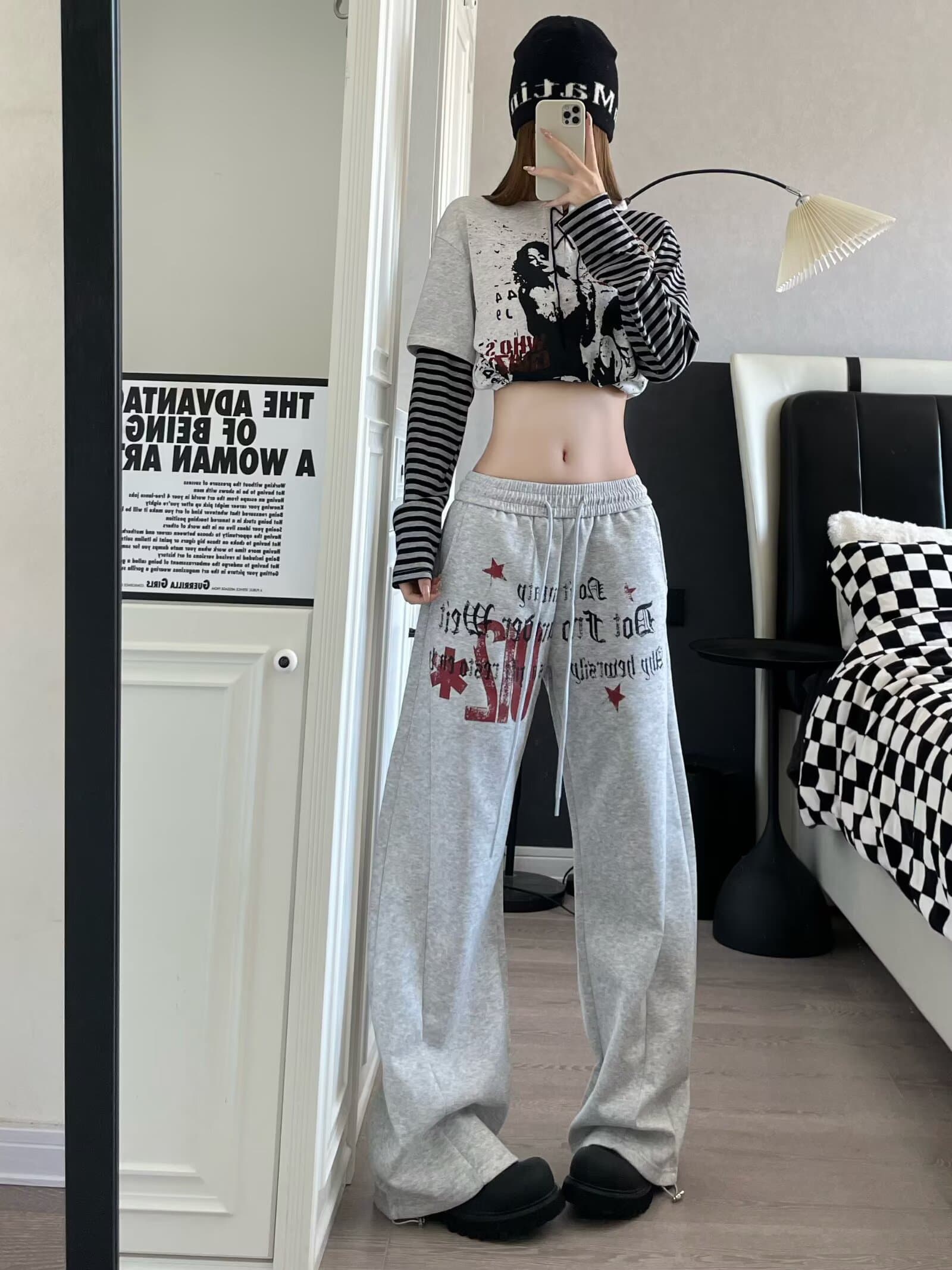 아메리칸 거리 별 알파벳 프린트 펌프 로프 넓은 다리 모통이 칼 캐주얼 웨이 바지 여성 루즈핏 춤추기 운동 긴 바지 상세 이미지 10