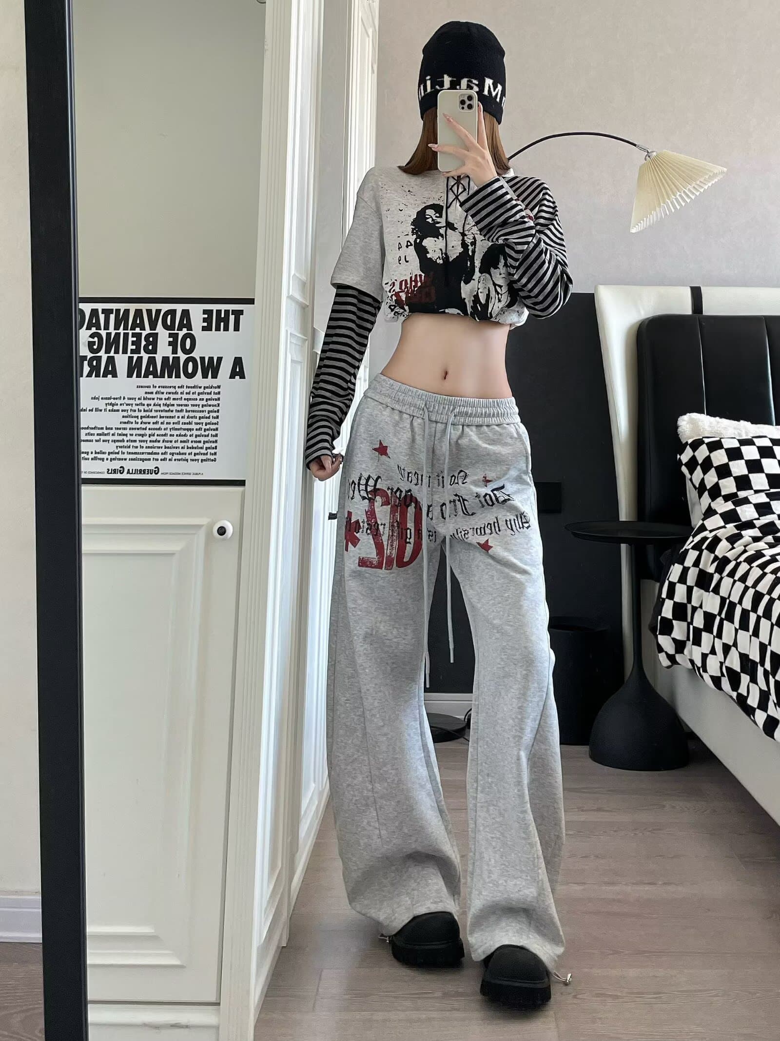아메리칸 거리 별 알파벳 프린트 펌프 로프 넓은 다리 모통이 칼 캐주얼 웨이 바지 여성 루즈핏 춤추기 운동 긴 바지 상세 이미지 11