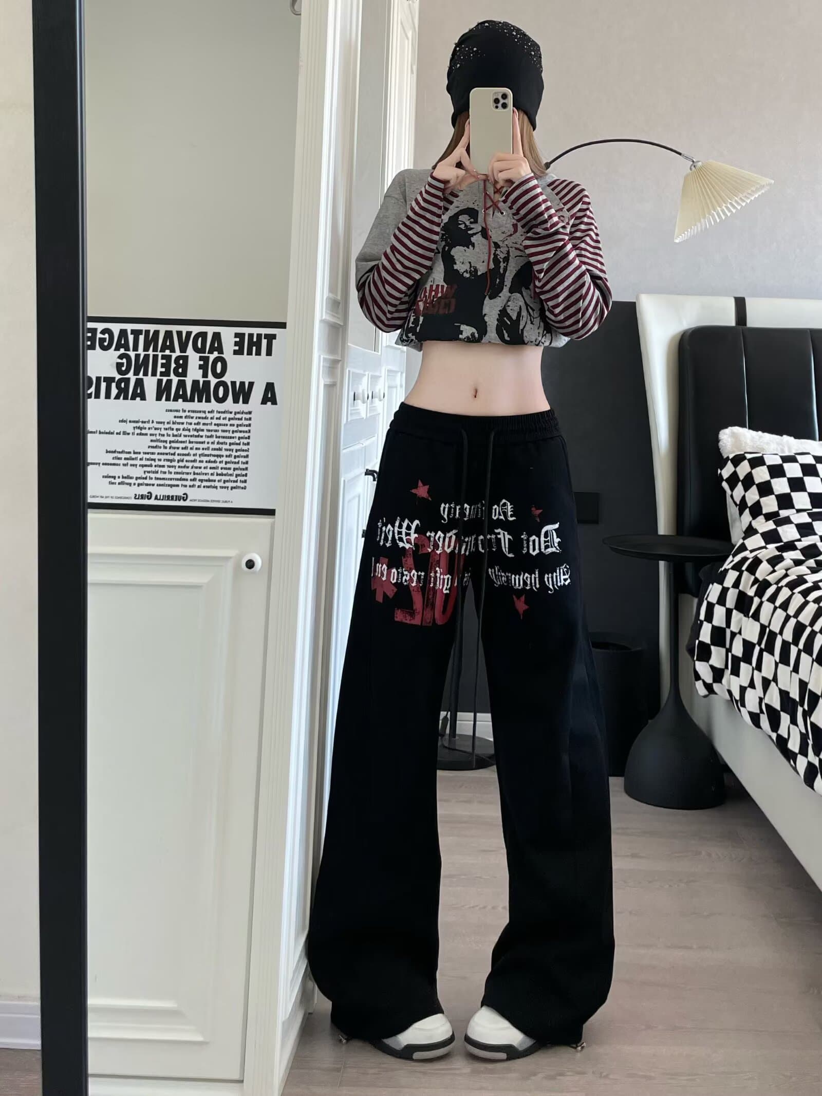 아메리칸 거리 별 알파벳 프린트 펌프 로프 넓은 다리 모통이 칼 캐주얼 웨이 바지 여성 루즈핏 춤추기 운동 긴 바지 상세 이미지 13