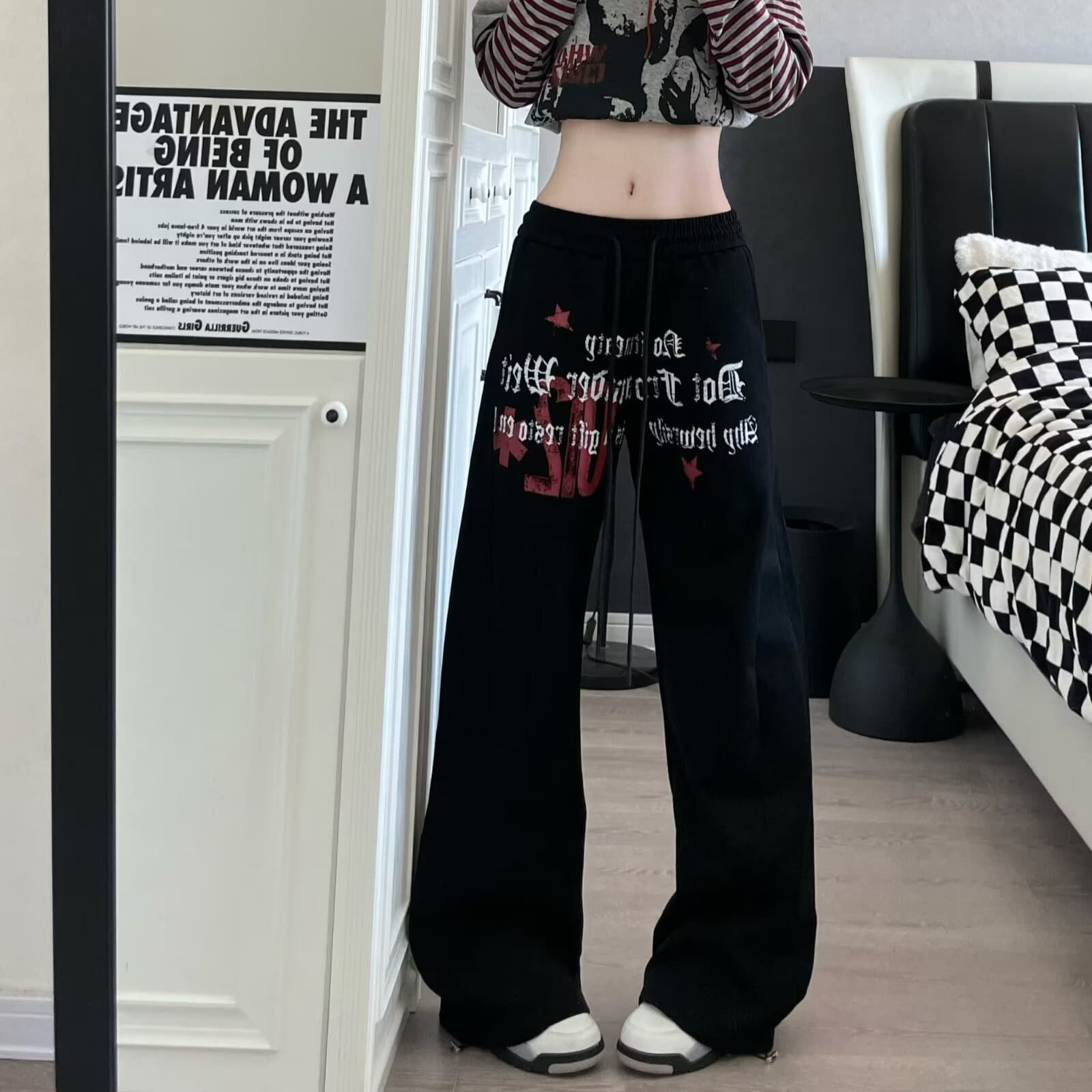 아메리칸 거리 별 알파벳 프린트 펌프 로프 넓은 다리 모통이 칼 캐주얼 웨이 바지 여성 루즈핏 춤추기 운동 긴 바지 이미지 5