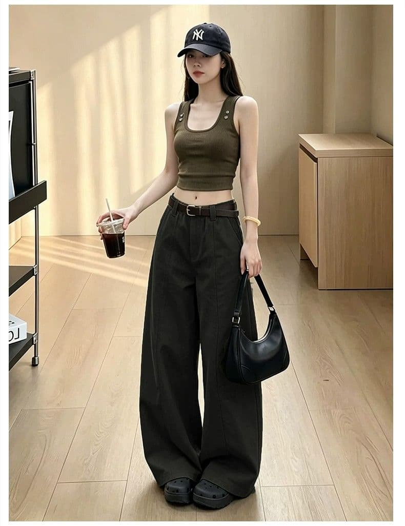 카키 색 모통이 칼 워크웨어 팬츠 여성 2026 새로운 여름 얇은 스타일 캐주얼 운동 작은 키 하이웨이스트 와이드 레그 팬츠 어린이 상세 이미지 16