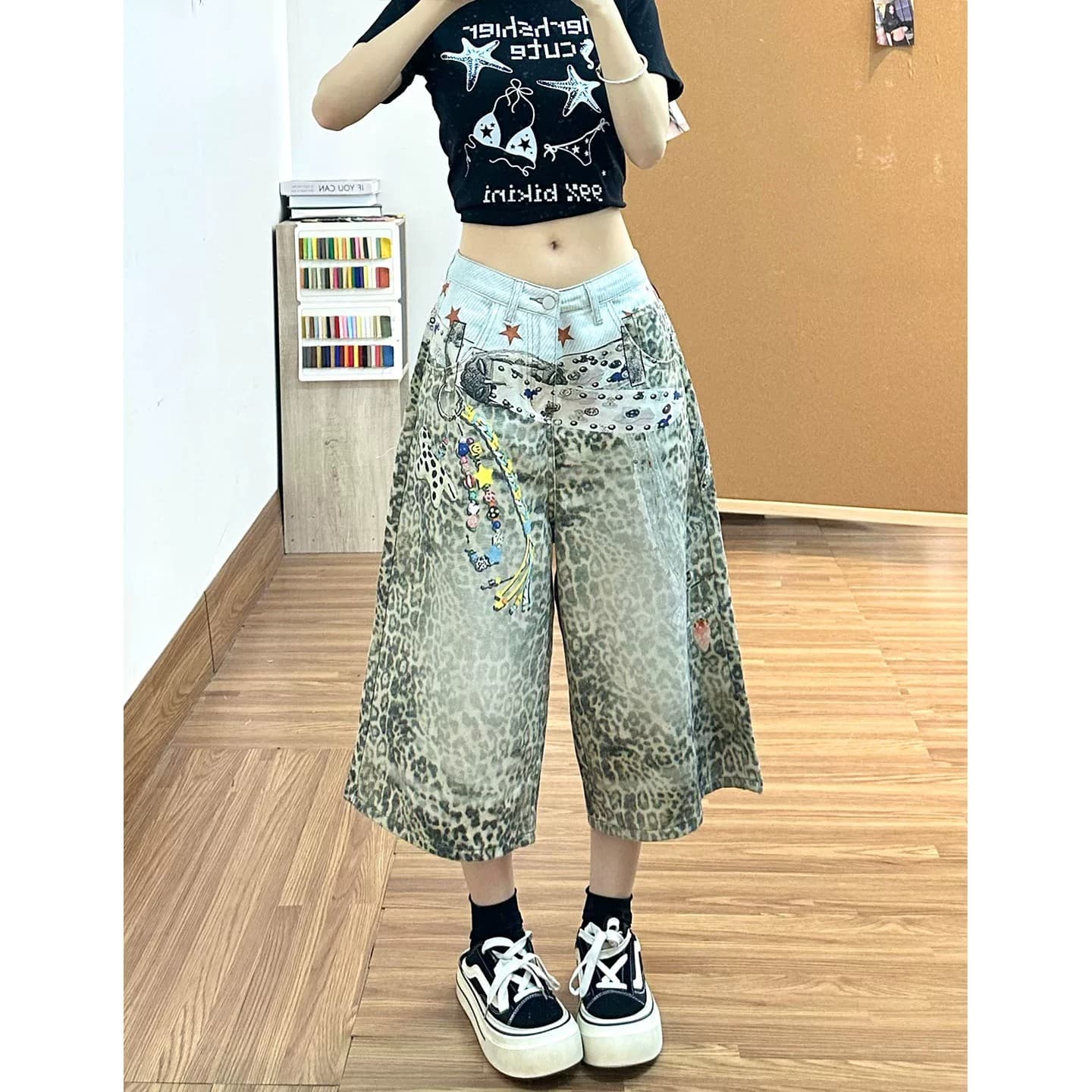 아메리칸 레트로 거리 3d 프린트 레오파드 무늬 넓은 다리 7부 바지 여성 여름 섹션 디자인 센스 마 오래된 루즈핏 캐주얼 바지 이미지 3