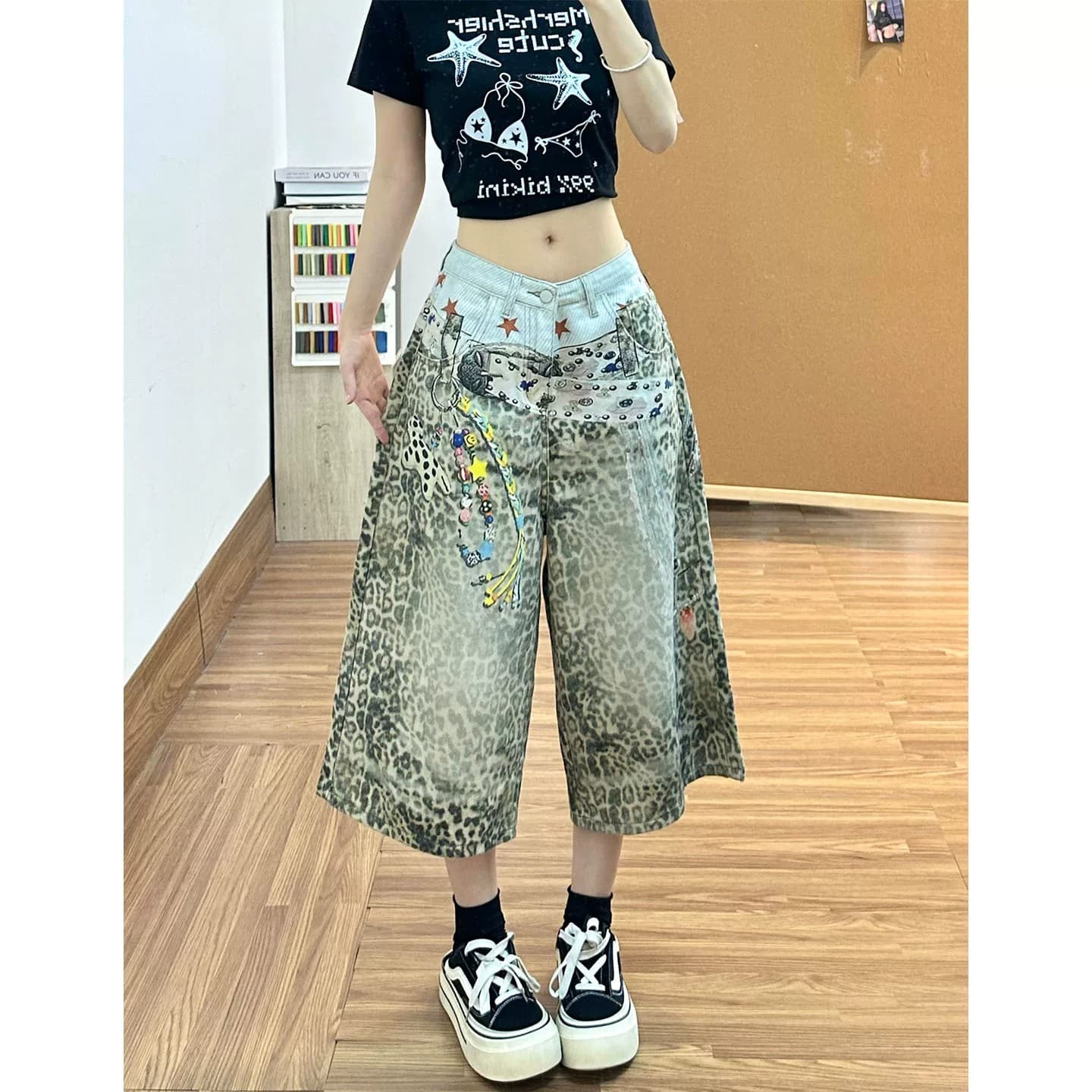 아메리칸 레트로 거리 3d 프린트 레오파드 무늬 넓은 다리 7부 바지 여성 여름 섹션 디자인 센스 마 오래된 루즈핏 캐주얼 바지 상세 이미지 2