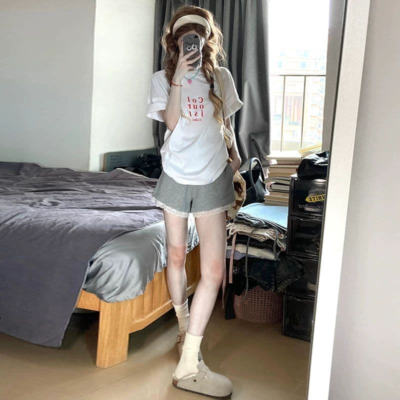 회색 레이스 측면 운동 반바지 여성 여름 얇은 2026 새로운 하이웨이스트 한 마디 캐주얼 루즈핏 외출용 바지