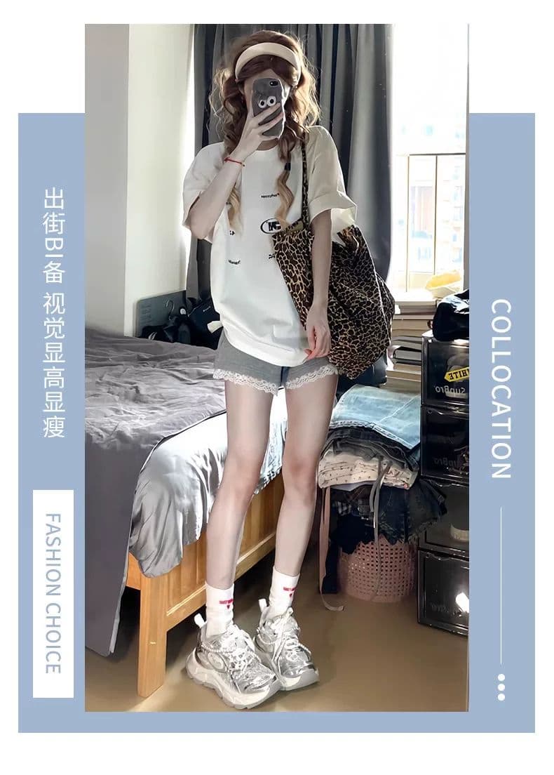회색 레이스 측면 운동 반바지 여성 여름 얇은 2026 새로운 하이웨이스트 한 마디 캐주얼 루즈핏 외출용 바지 상세 이미지 3