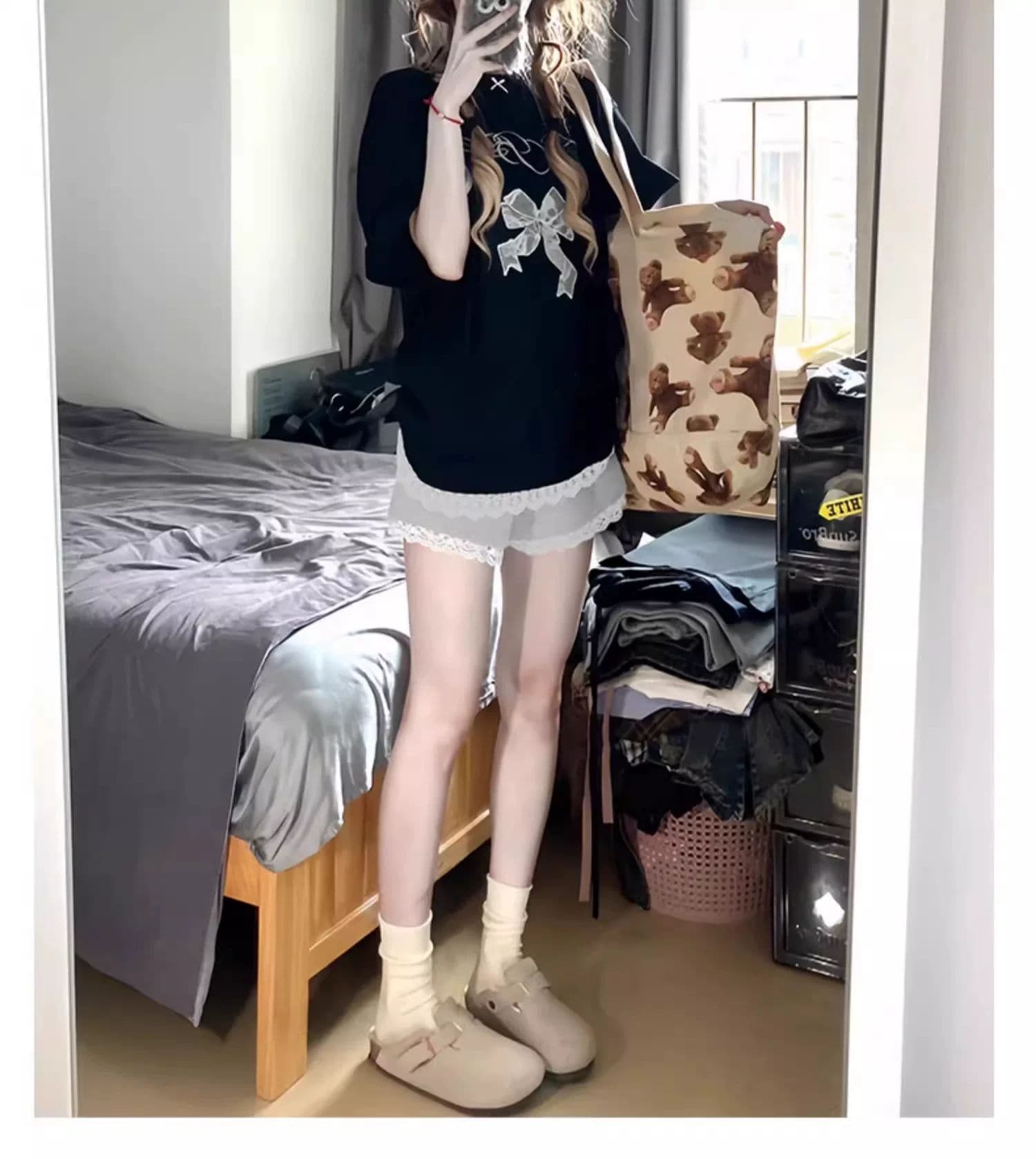 회색 레이스 측면 운동 반바지 여성 여름 얇은 2026 새로운 하이웨이스트 한 마디 캐주얼 루즈핏 외출용 바지 상세 이미지 14