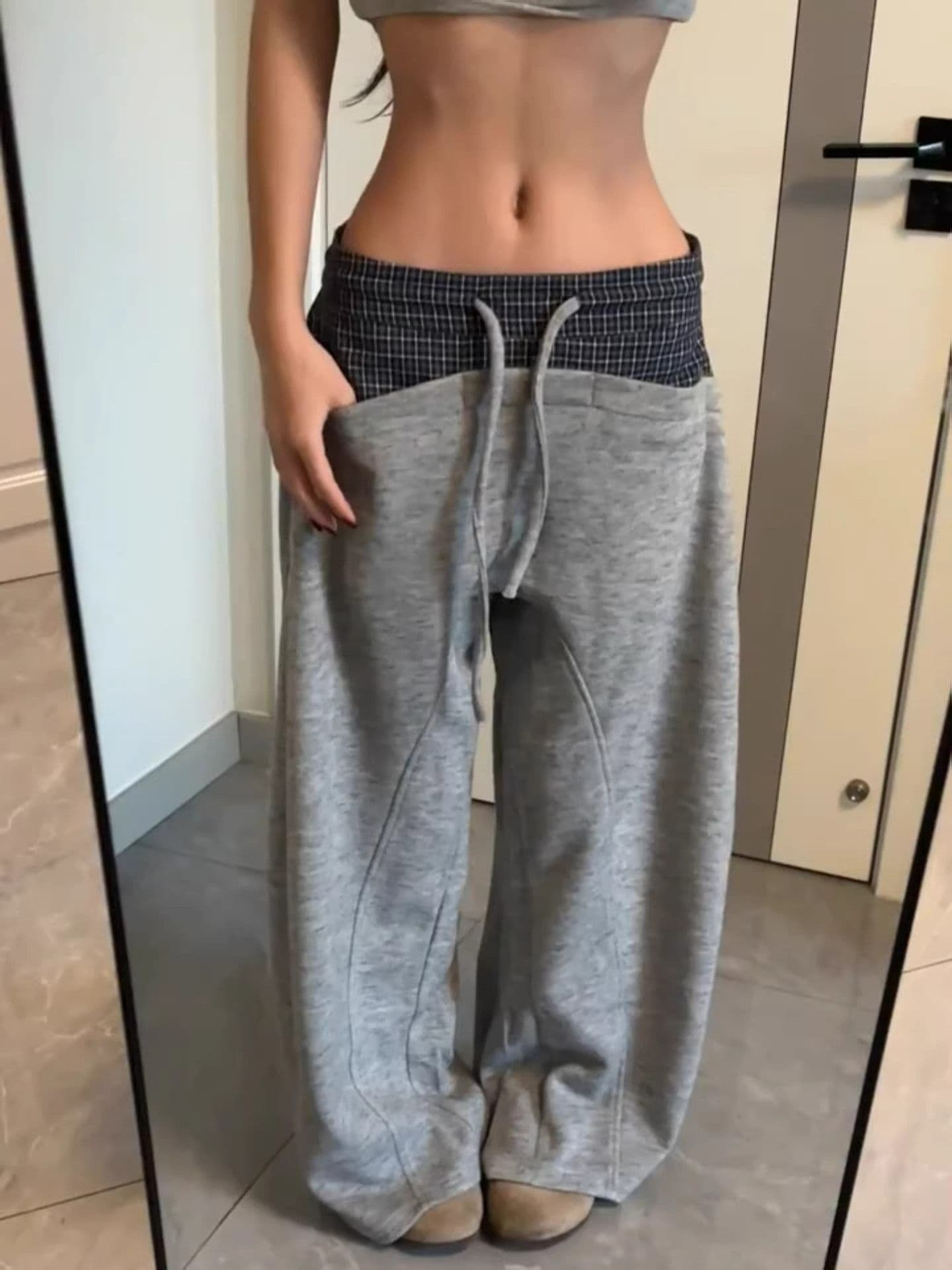 아메리칸 레트로 펌프 로프 체크무늬 패치워크 캐주얼 바지 여성 다용도 새로운 루즈핏 불규칙 넓은 다리 바닥 청소 바지 상세 이미지 5