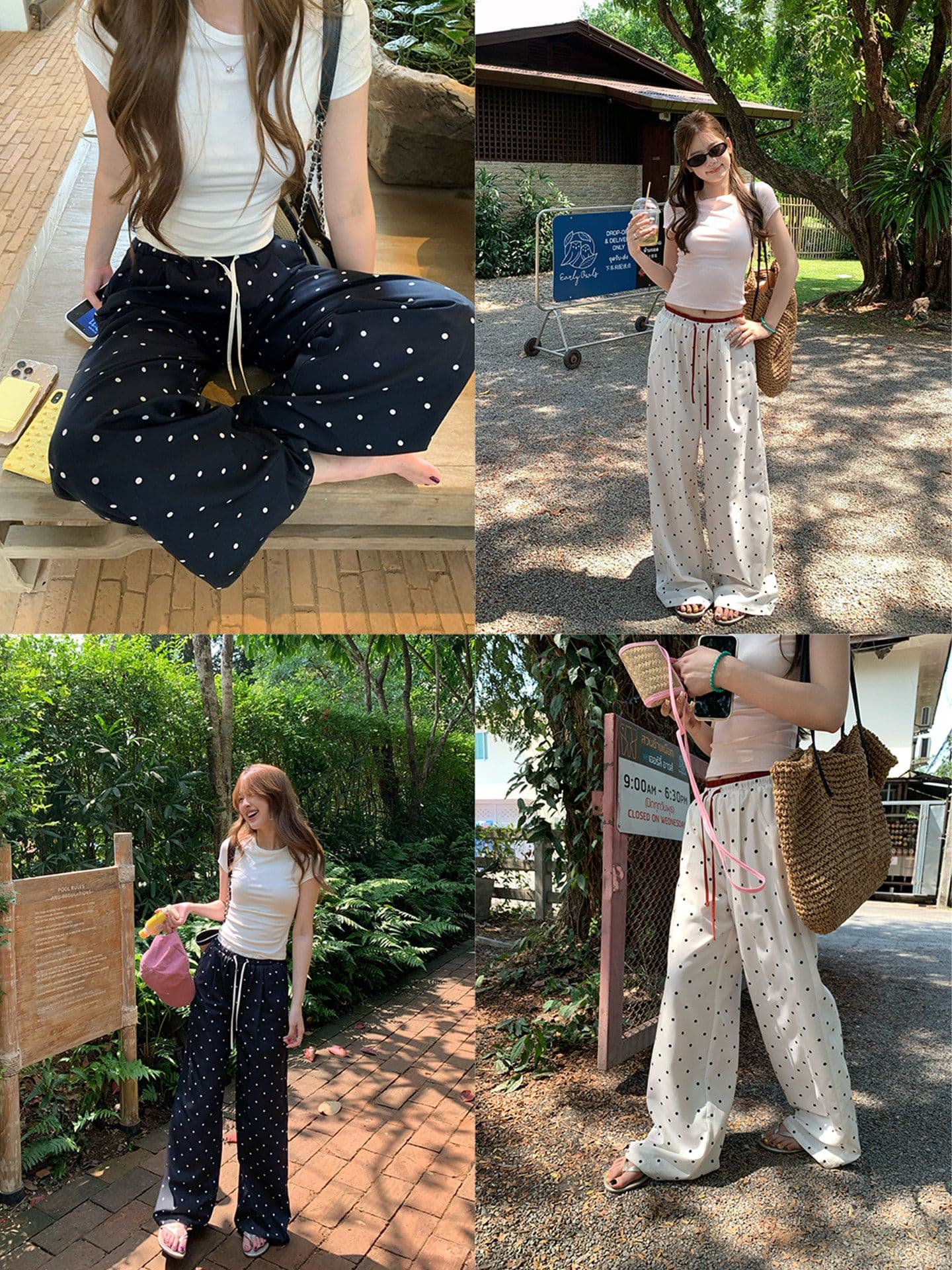 폴카 재기 느긋한 배색 더블 허리 머리 면 100% 와이드 레깅스 바지 도트 무늬 프린트 캐주얼 바지