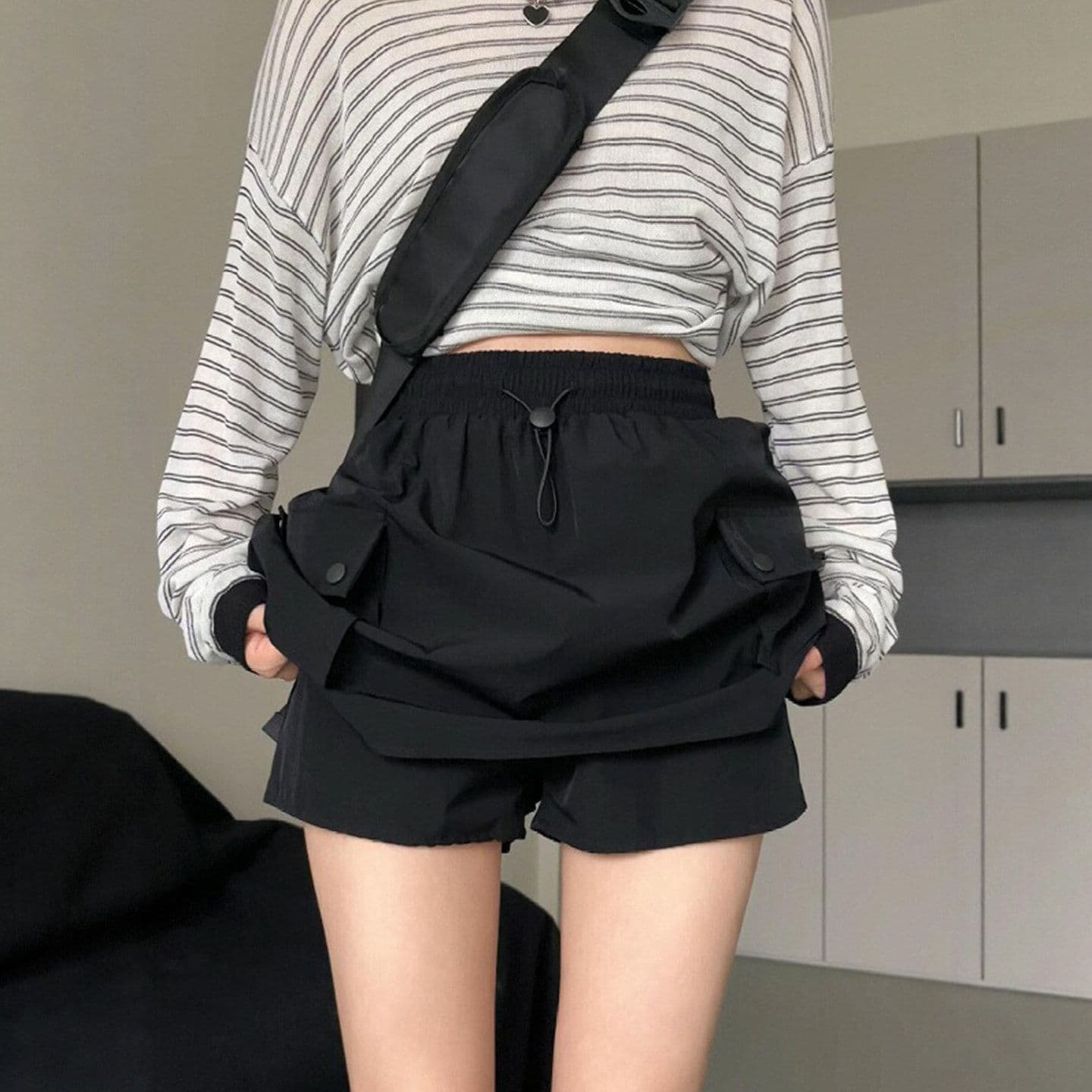 원본 원단 공예 아메리칸 뜨거운 미니 스커트 표지 고기 한 마디 슬림해 보이는 검정색 속도 건조한 워크웨어 치마 상세 이미지 5