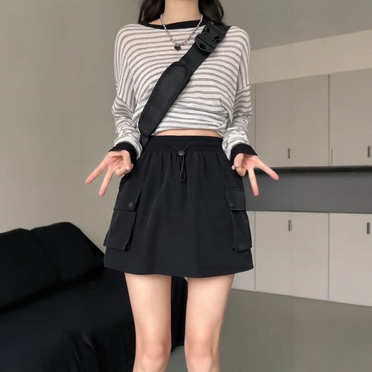 원본 원단 공예 아메리칸 뜨거운 미니 스커트 표지 고기 한 마디 슬림해 보이는 검정색 속도 건조한 워크웨어 치마 상세 이미지 6