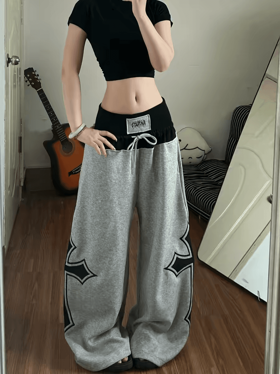 아메리칸 배색 패치워크 십자가 자수 모통이 칼 웨이 바지 여성 여름 새로운 디자인 센스 루즈핏 넓은 다리 캐주얼 바지 이미지 2