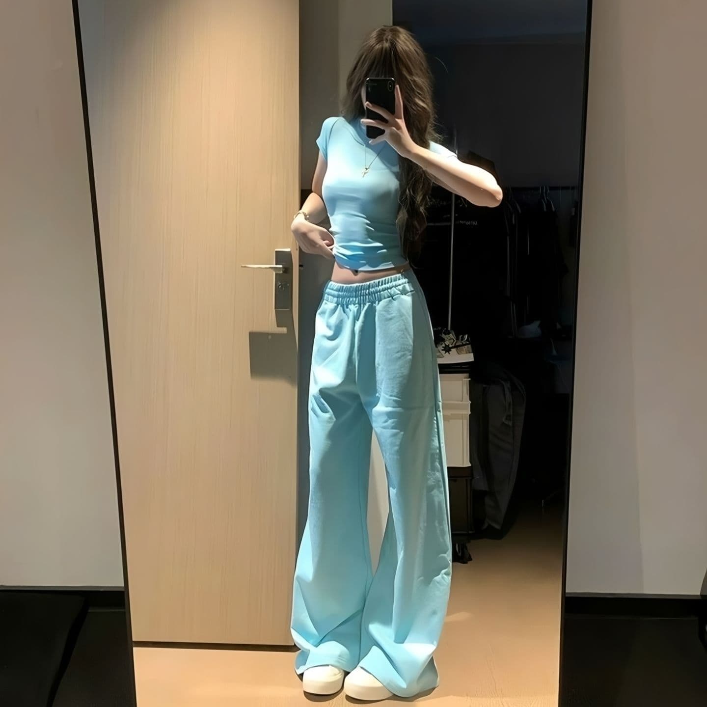 얇은 스타일 순면 복합 얼음 파란색 펌프 로프 단색 다용도 긴 바지 여름 새로운 웨이 바지