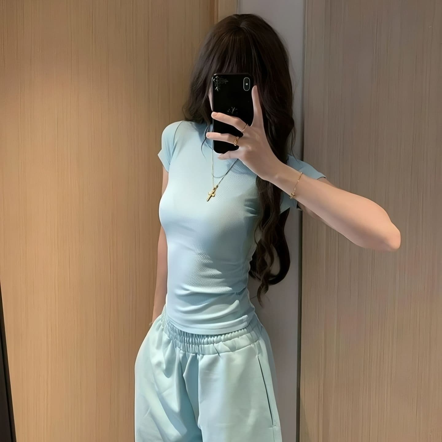 얇은 스타일 순면 복합 얼음 파란색 펌프 로프 단색 다용도 긴 바지 여름 새로운 웨이 바지 이미지 2