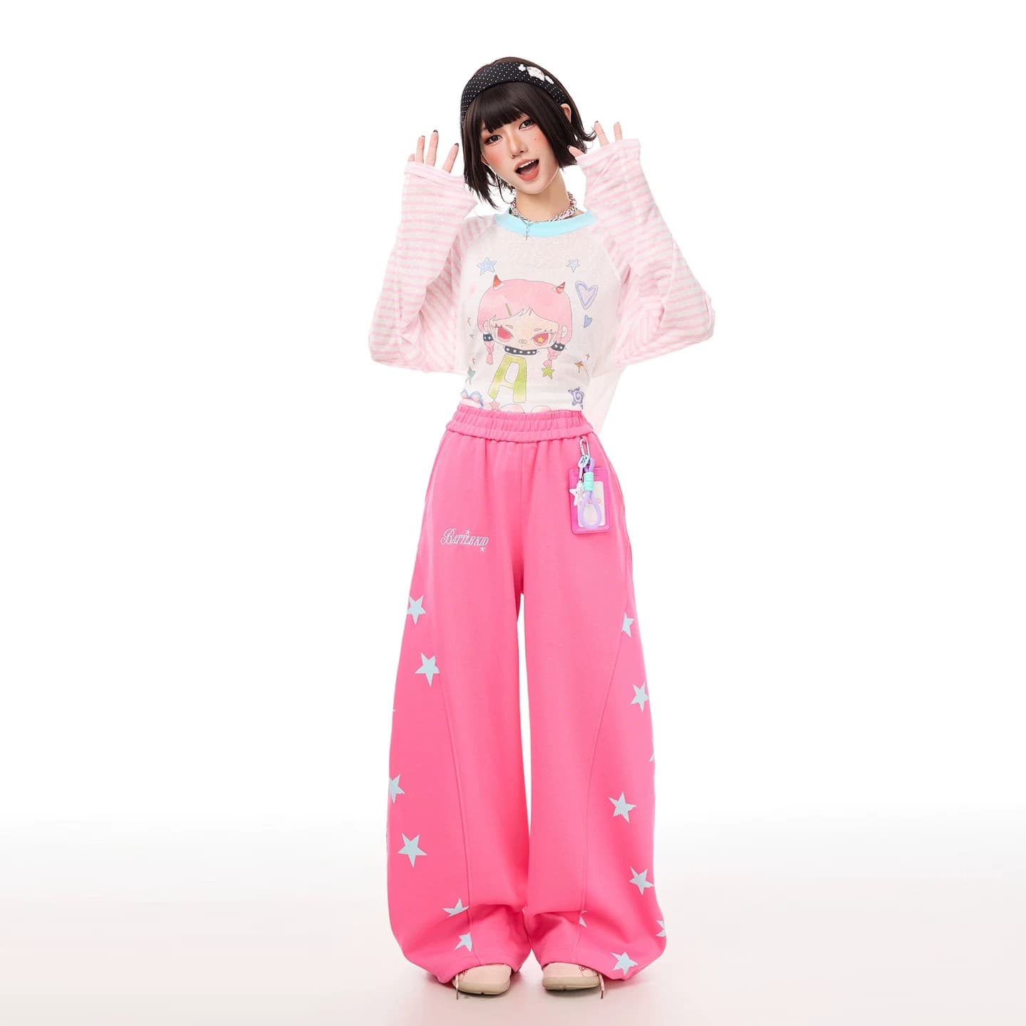 아메리칸 캐주얼 별 도파민 캐주얼 와이드 레깅스 바지 허리밴드 사탕 색상 모통이 칼 바지 이미지 4