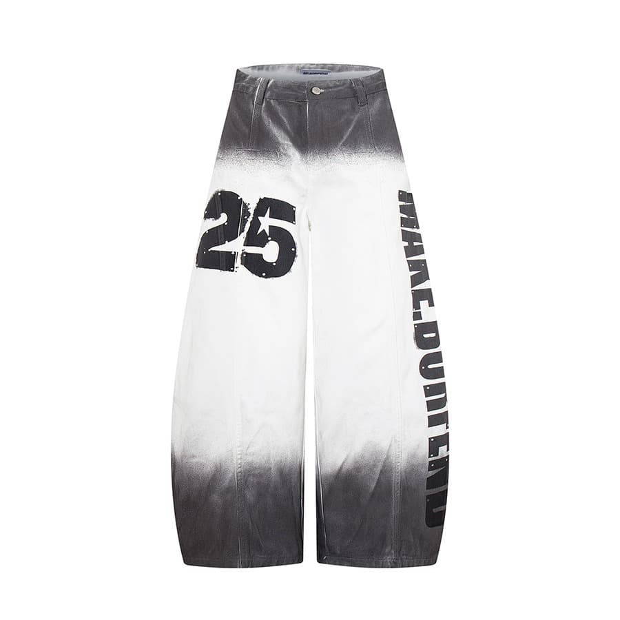 아메리칸 거리 디자인 센스 워싱 그라데이션 마 오래된 알파벳 잉크젯 청바지 여성 baggy 루즈핏 모통이 칼 바지 이미지 5