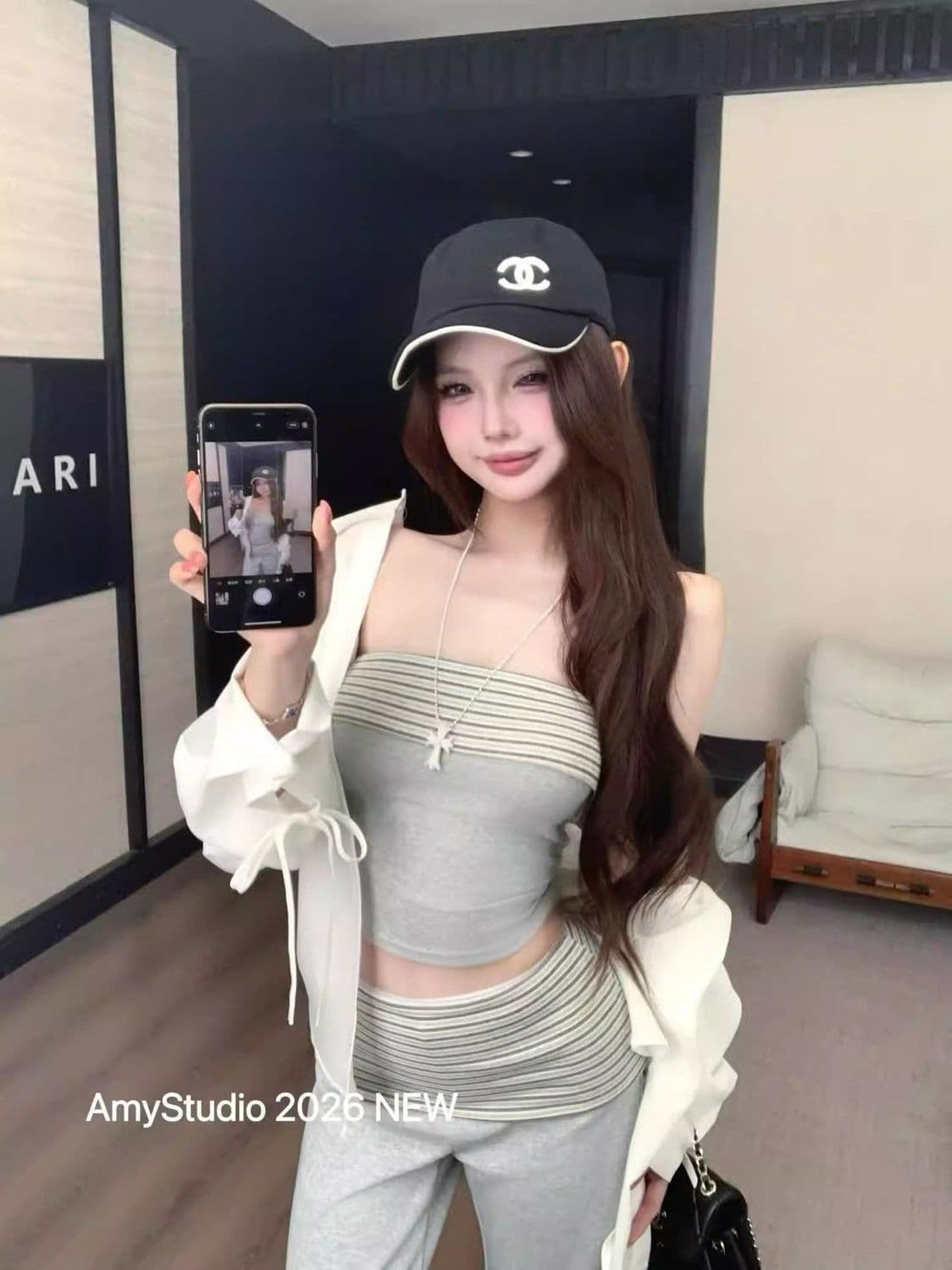 여름 한 부서 디자인 센스 캐주얼 몸매 가꾸기 슬림해 보이는 패션 스트라이프 튜브탑 캐주얼 바지 3종 세트 패션 세트 여성 이미지 2