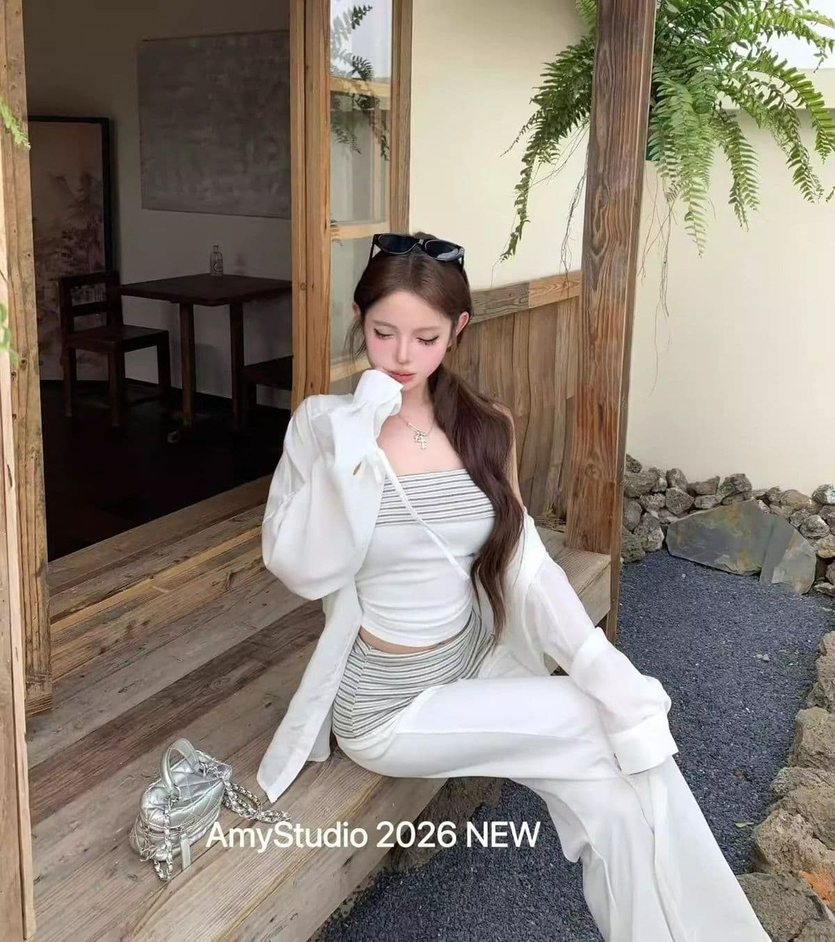 여름 한 부서 디자인 센스 캐주얼 몸매 가꾸기 슬림해 보이는 패션 스트라이프 튜브탑 캐주얼 바지 3종 세트 패션 세트 여성 상세 이미지 9