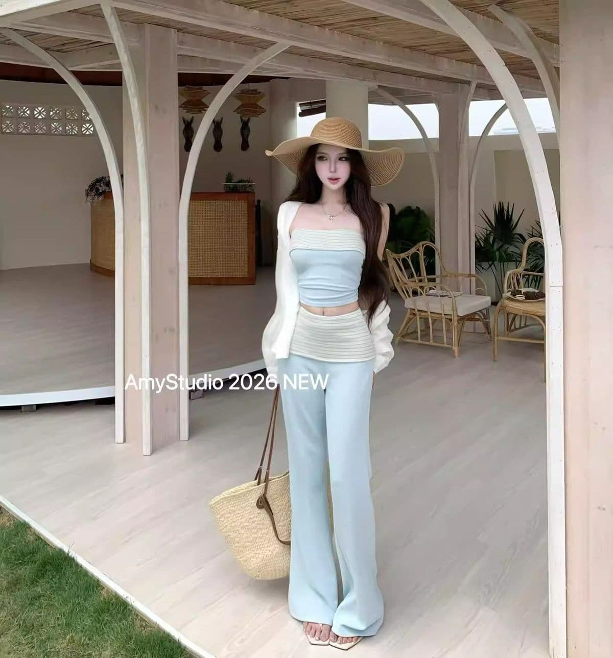 여름 한 부서 디자인 센스 캐주얼 몸매 가꾸기 슬림해 보이는 패션 스트라이프 튜브탑 캐주얼 바지 3종 세트 패션 세트 여성 상세 이미지 11