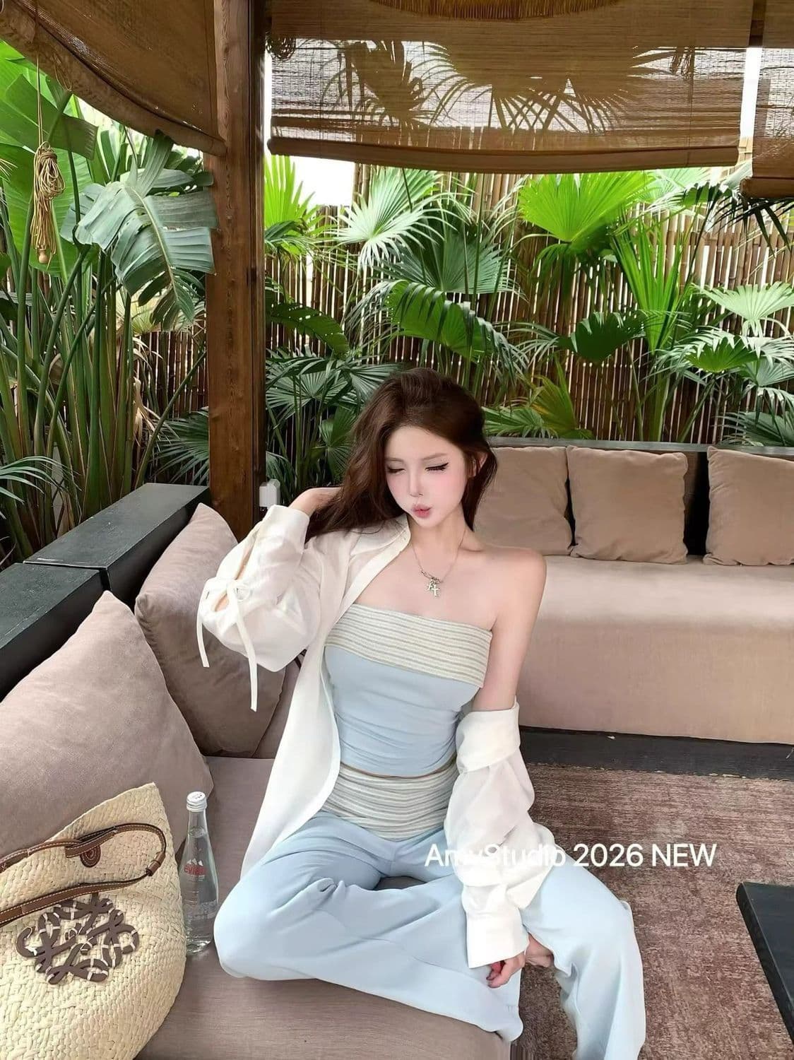 여름 한 부서 디자인 센스 캐주얼 몸매 가꾸기 슬림해 보이는 패션 스트라이프 튜브탑 캐주얼 바지 3종 세트 패션 세트 여성 상세 이미지 13