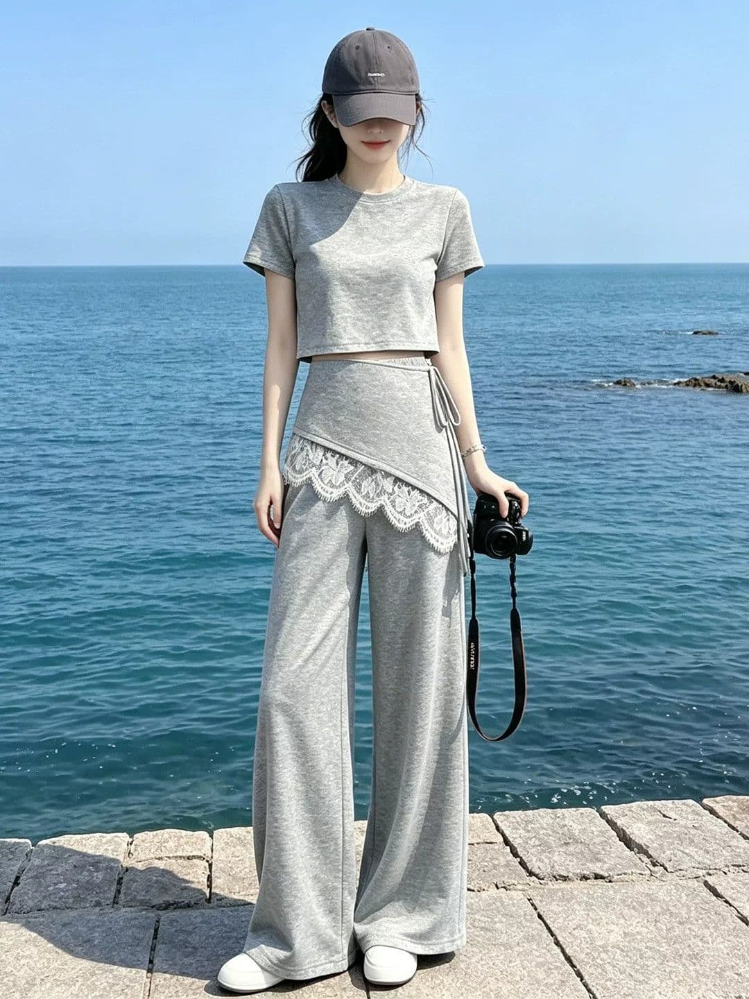 레이스 조각 캐주얼 후드티 와이드 레그 팬츠 세트 여성 여름 다용도 새로운 반팔 티셔츠 외국 가스 투피스 세트 트렌디 상세 이미지 2
