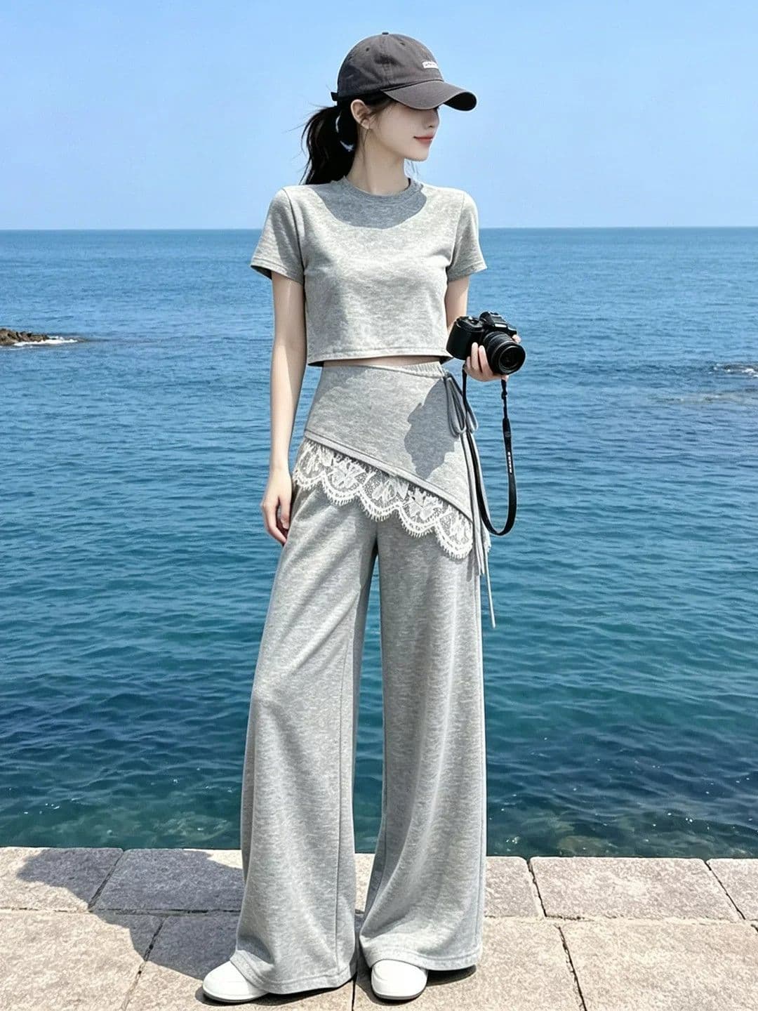 레이스 조각 캐주얼 후드티 와이드 레그 팬츠 세트 여성 여름 다용도 새로운 반팔 티셔츠 외국 가스 투피스 세트 트렌디 상세 이미지 3