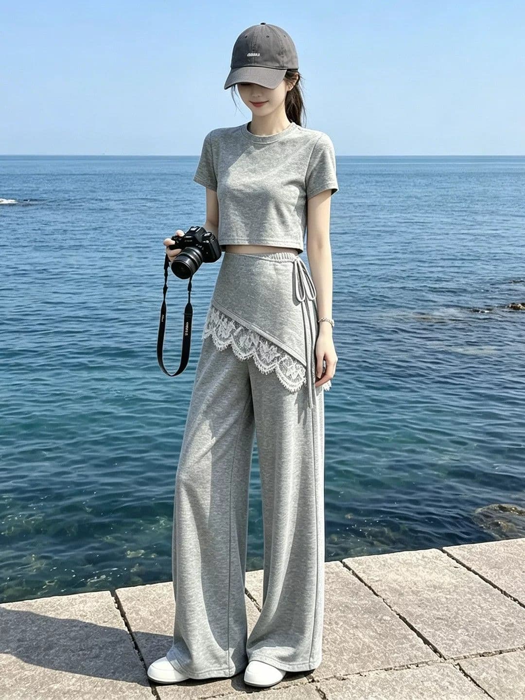 레이스 조각 캐주얼 후드티 와이드 레그 팬츠 세트 여성 여름 다용도 새로운 반팔 티셔츠 외국 가스 투피스 세트 트렌디 상세 이미지 4
