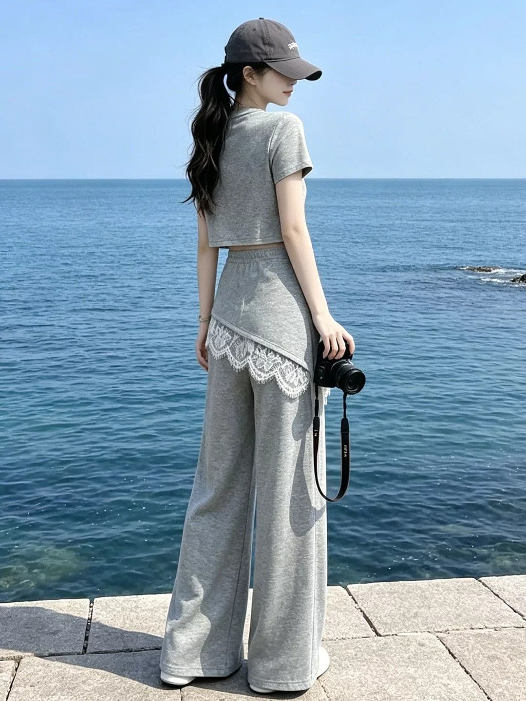 레이스 조각 캐주얼 후드티 와이드 레그 팬츠 세트 여성 여름 다용도 새로운 반팔 티셔츠 외국 가스 투피스 세트 트렌디 상세 이미지 6