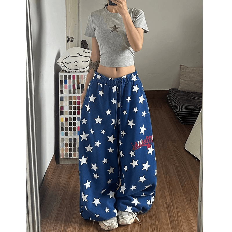 s-6xl 파란색 아메리칸 웨이 바지 여성 여름 디자인 센스 별 전체 인쇄 루즈핏 캐주얼 다용도 운동 바지 bf