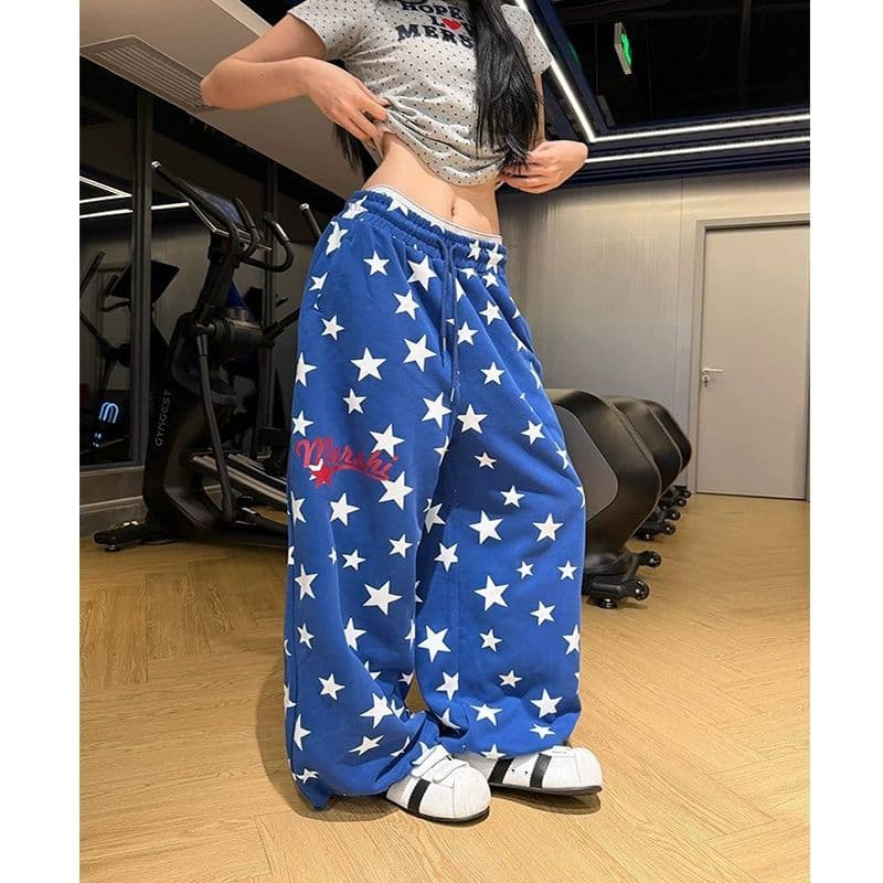 s-6xl 파란색 아메리칸 웨이 바지 여성 여름 디자인 센스 별 전체 인쇄 루즈핏 캐주얼 다용도 운동 바지 bf 상세 이미지 3