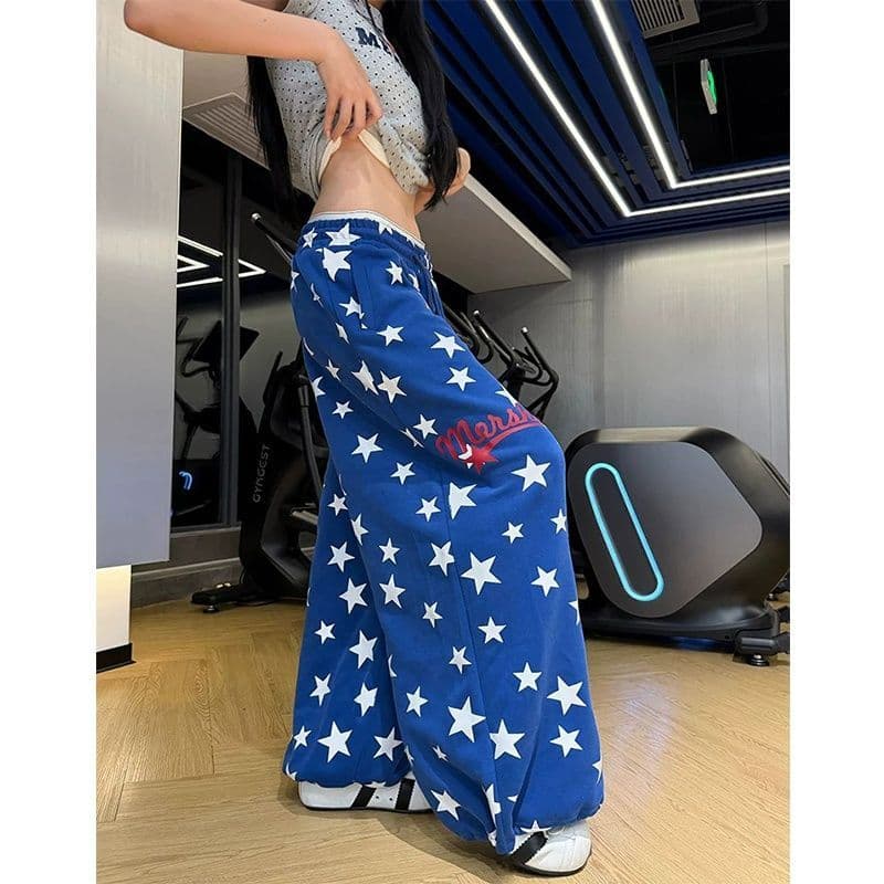 s-6xl 파란색 아메리칸 웨이 바지 여성 여름 디자인 센스 별 전체 인쇄 루즈핏 캐주얼 다용도 운동 바지 bf 상세 이미지 4